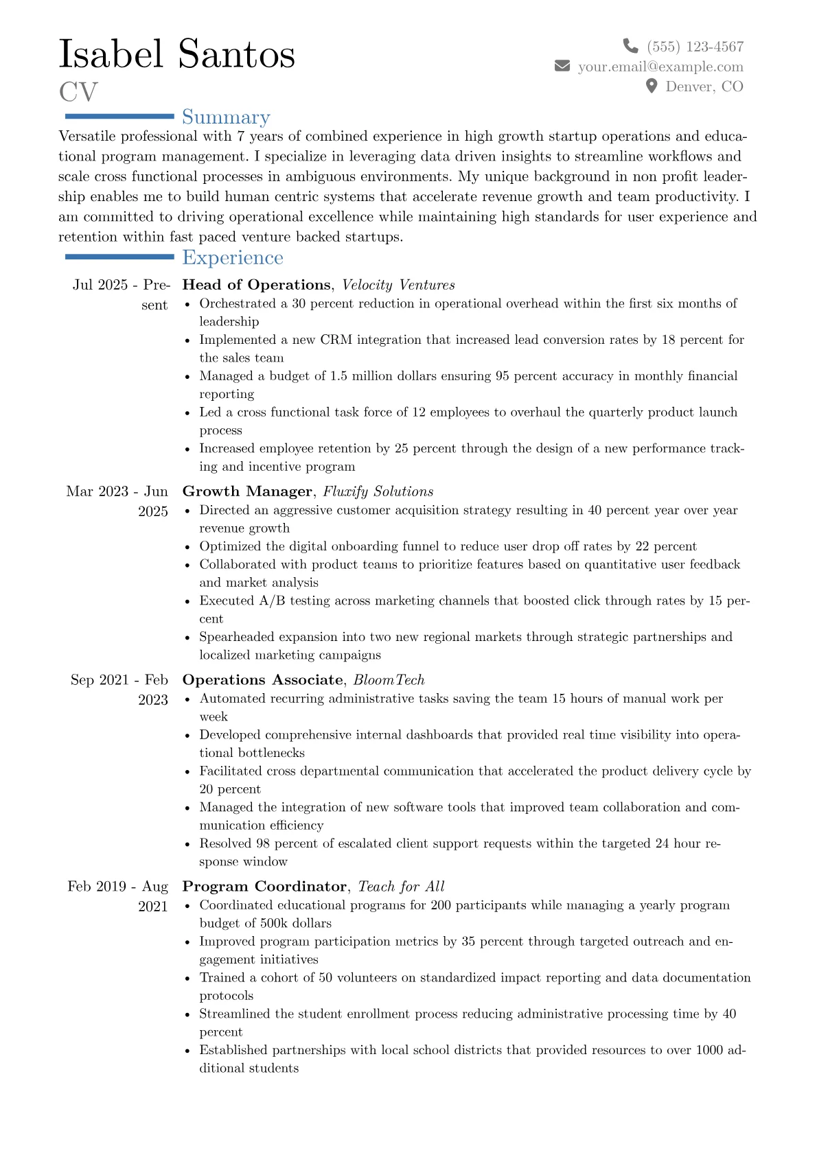 Startup resume example, Career changer, page 1
