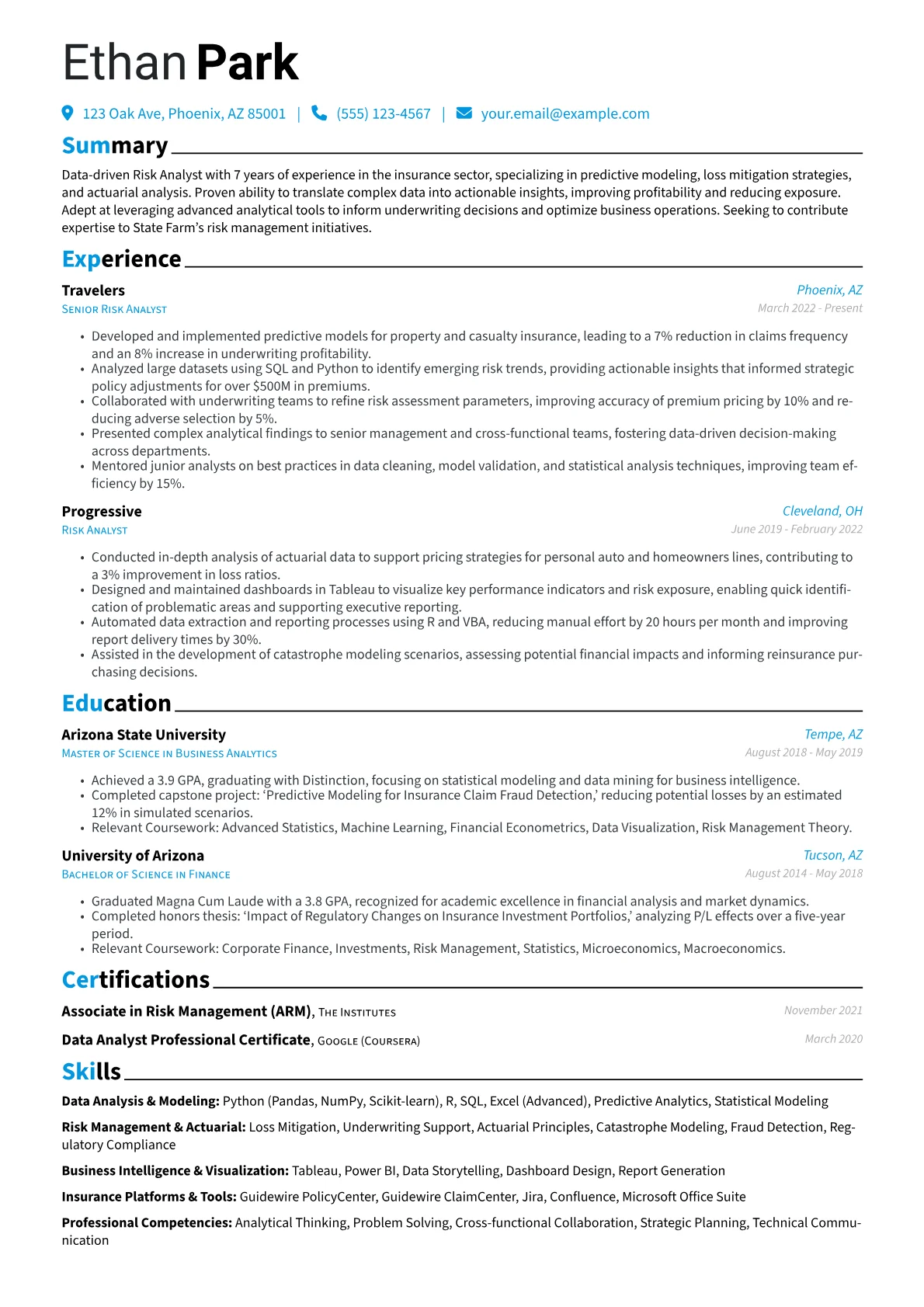 State Farm resume example, Risk Analyst - Mid Level, page 1