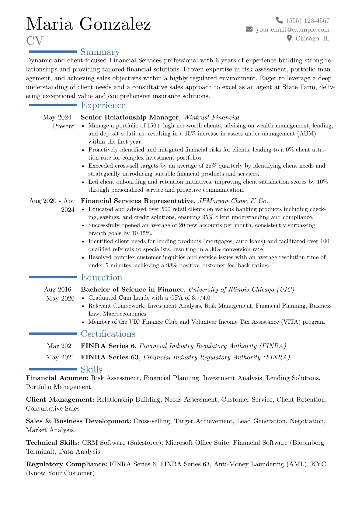 State Farm resume example, Career changer, page 1