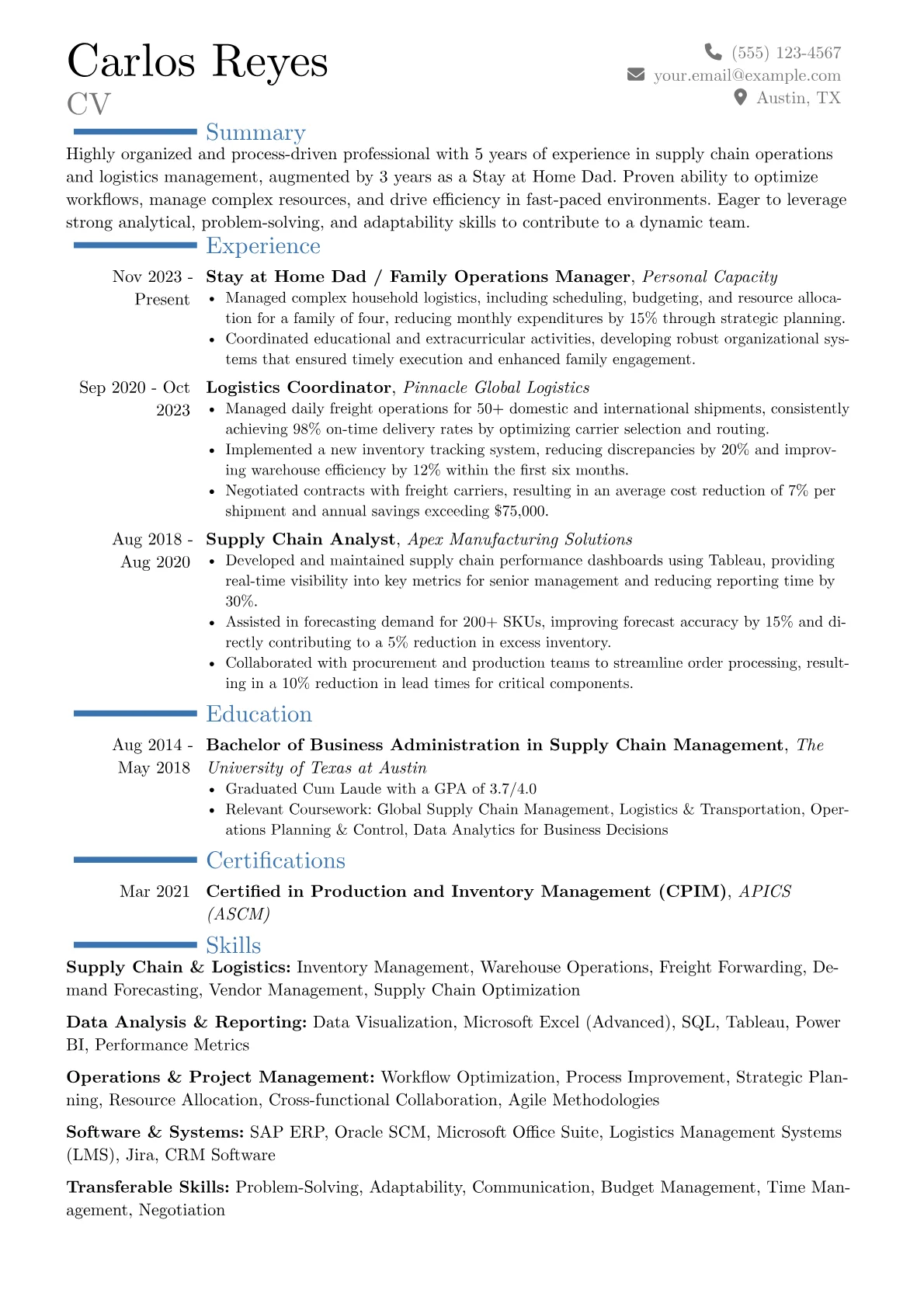 Stay at Home Dad resume example, Career changer, page 1