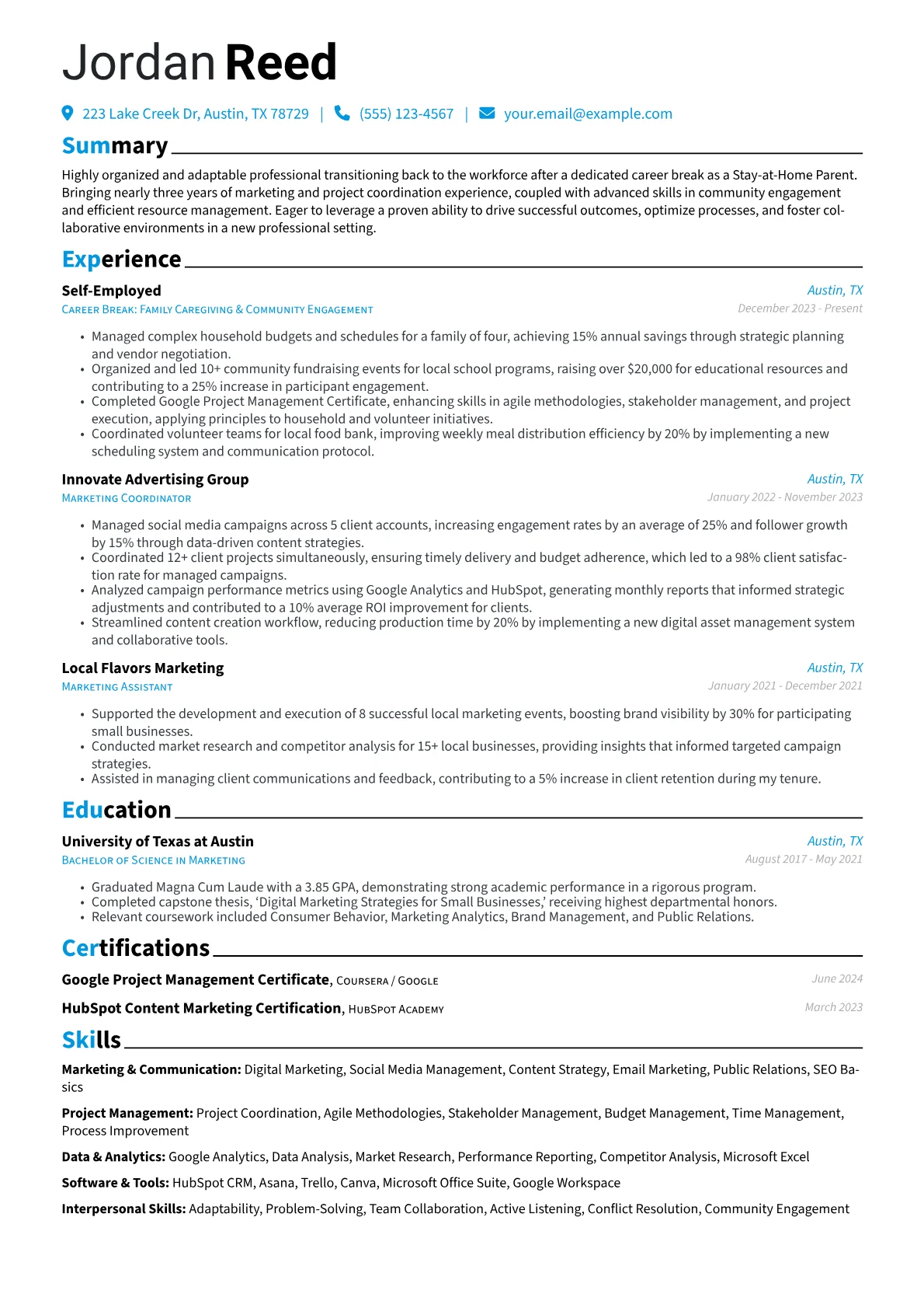 Stay-at-Home Parent resume example, Stay-at-Home Parent, page 1