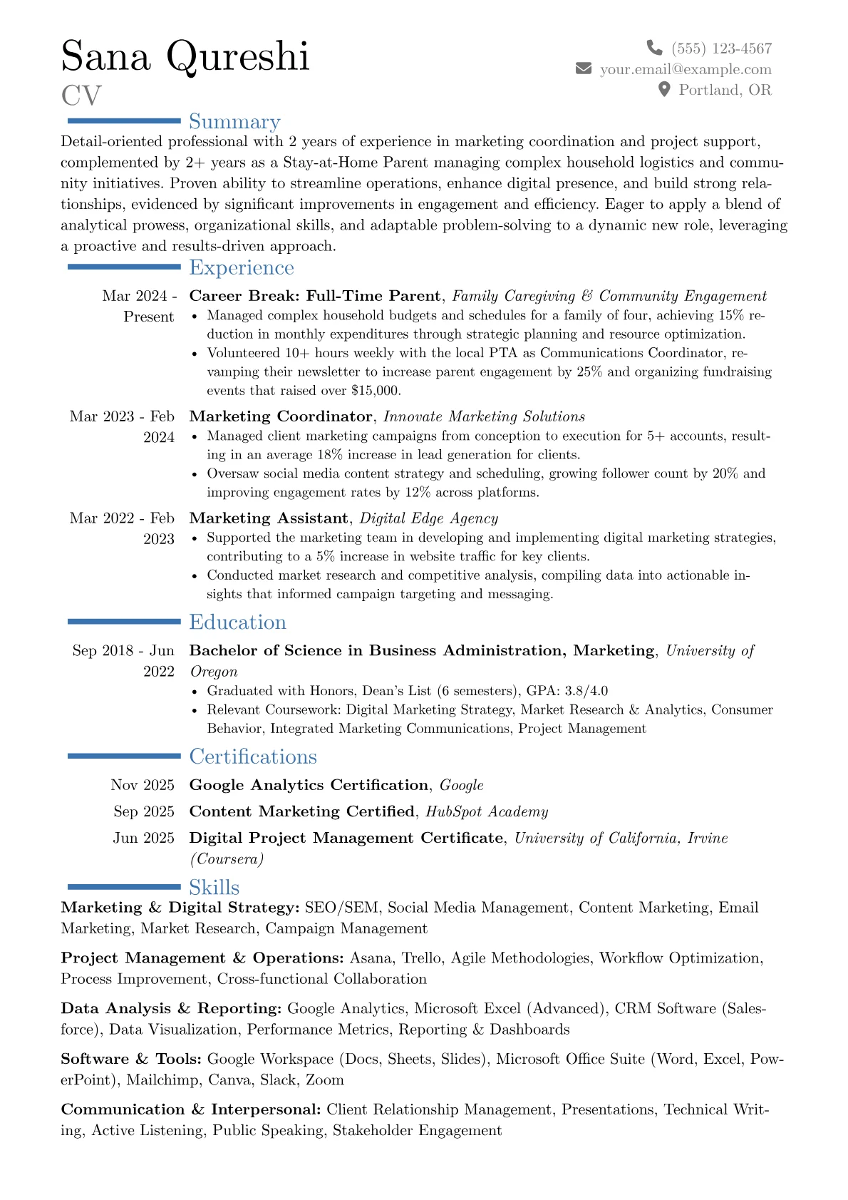 Stay-at-Home Parent resume example, Career changer, page 1
