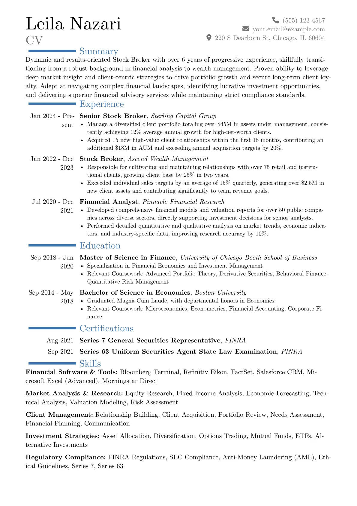 Stock Broker resume example, Career changer, page 1