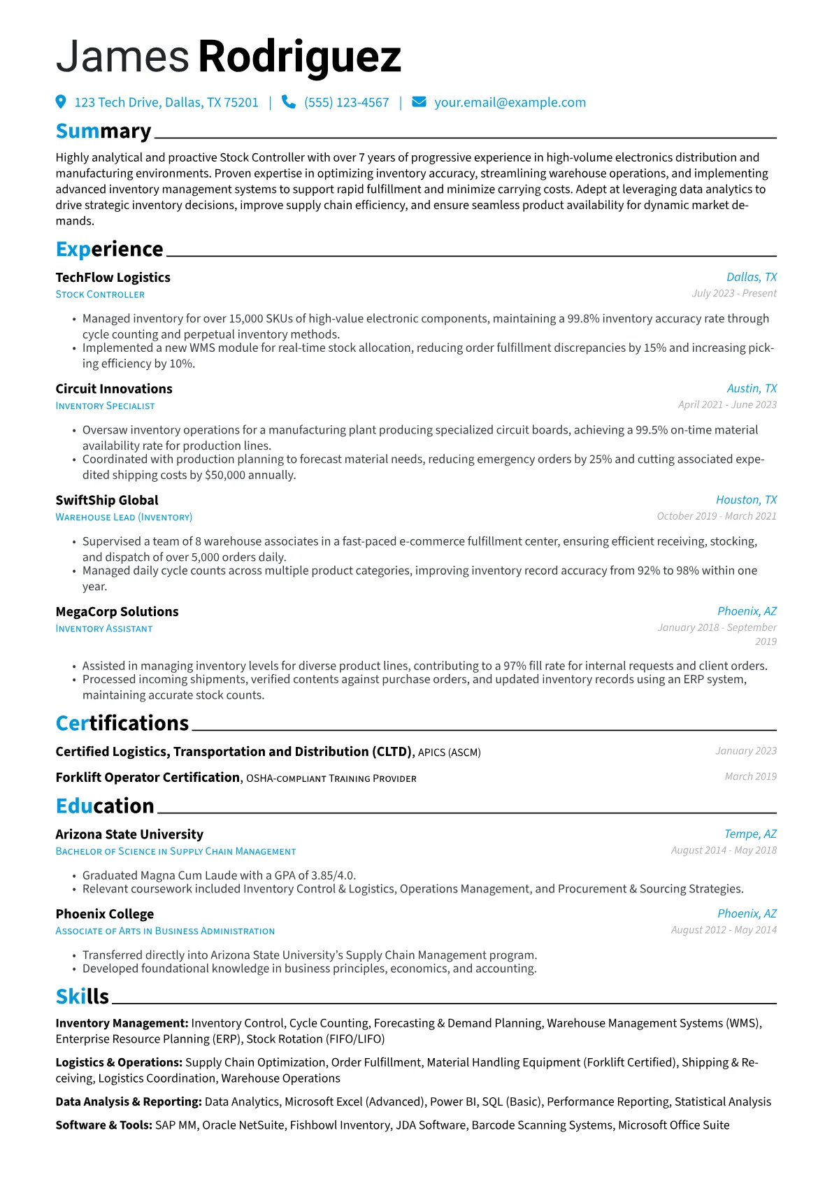 Stock Controller resume example, High-Tech Electronics, page 1