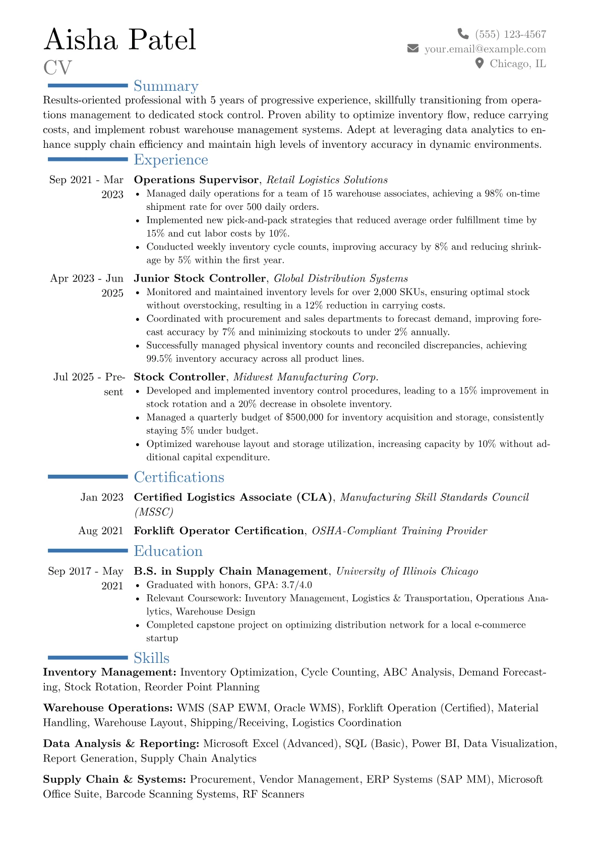 Stock Controller resume example, Career changer, page 1