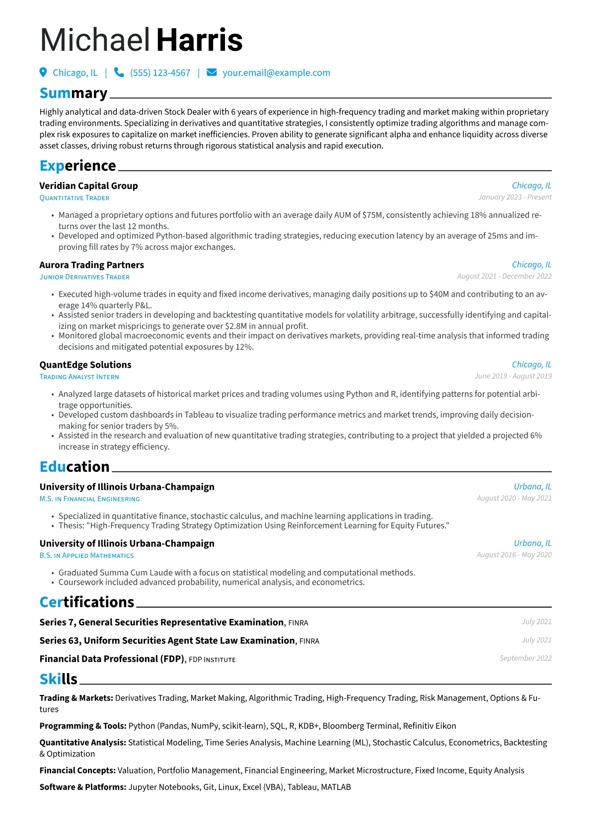 Stock Dealer resume example, Quantitative & Derivatives, page 1