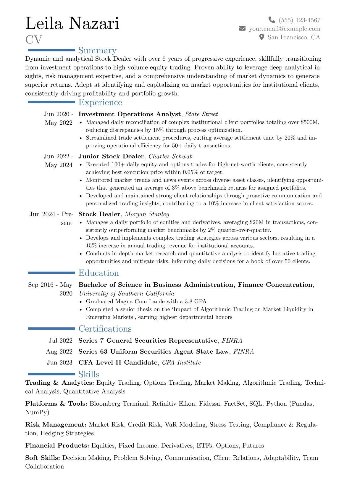 Stock Dealer resume example, Career changer, page 1
