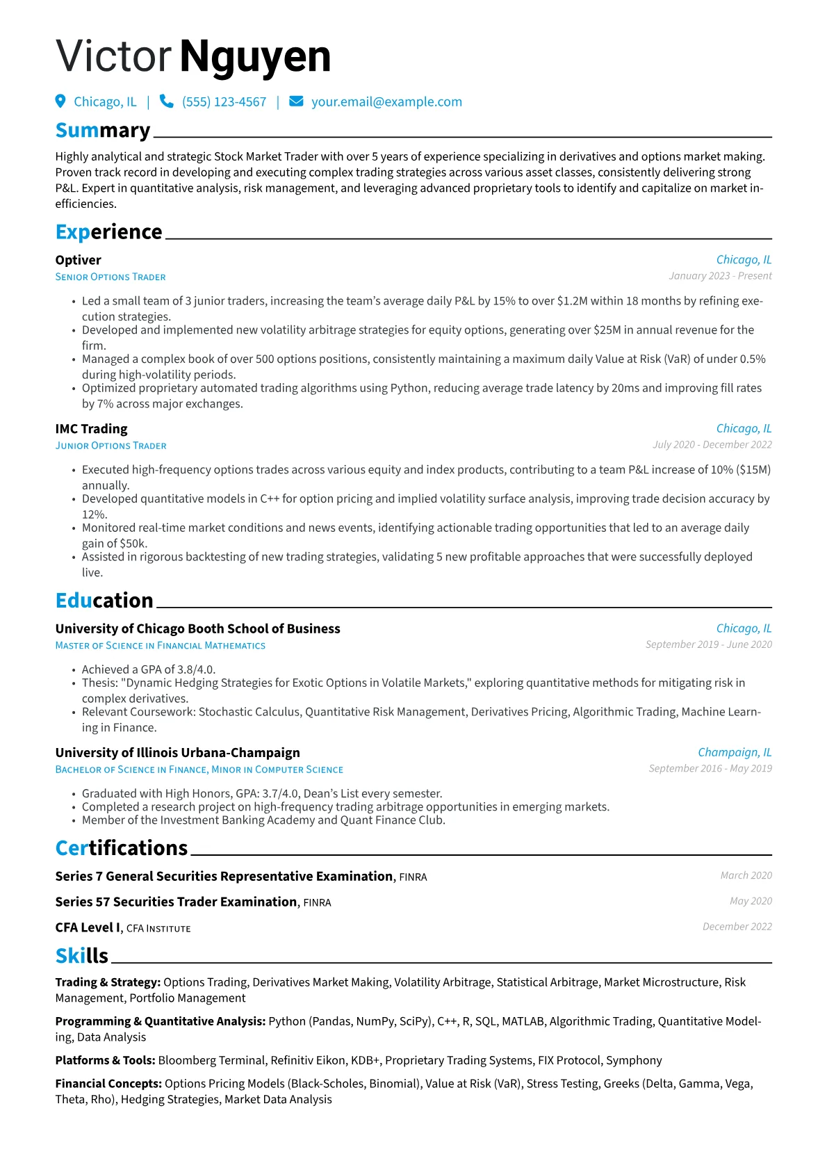 Stock Market Trader resume example, Derivatives & Options, page 1