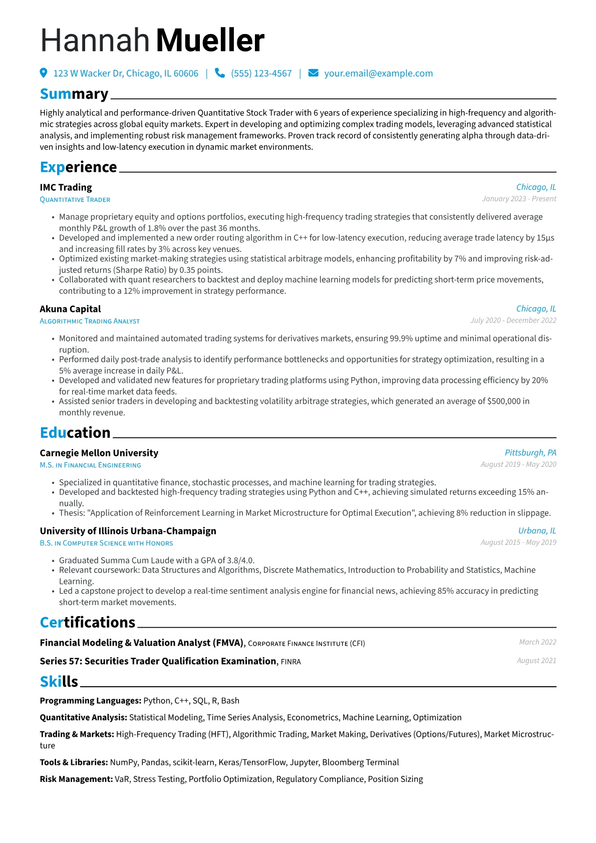 Stock Trader resume example, Quantitative Stock Trader, page 1