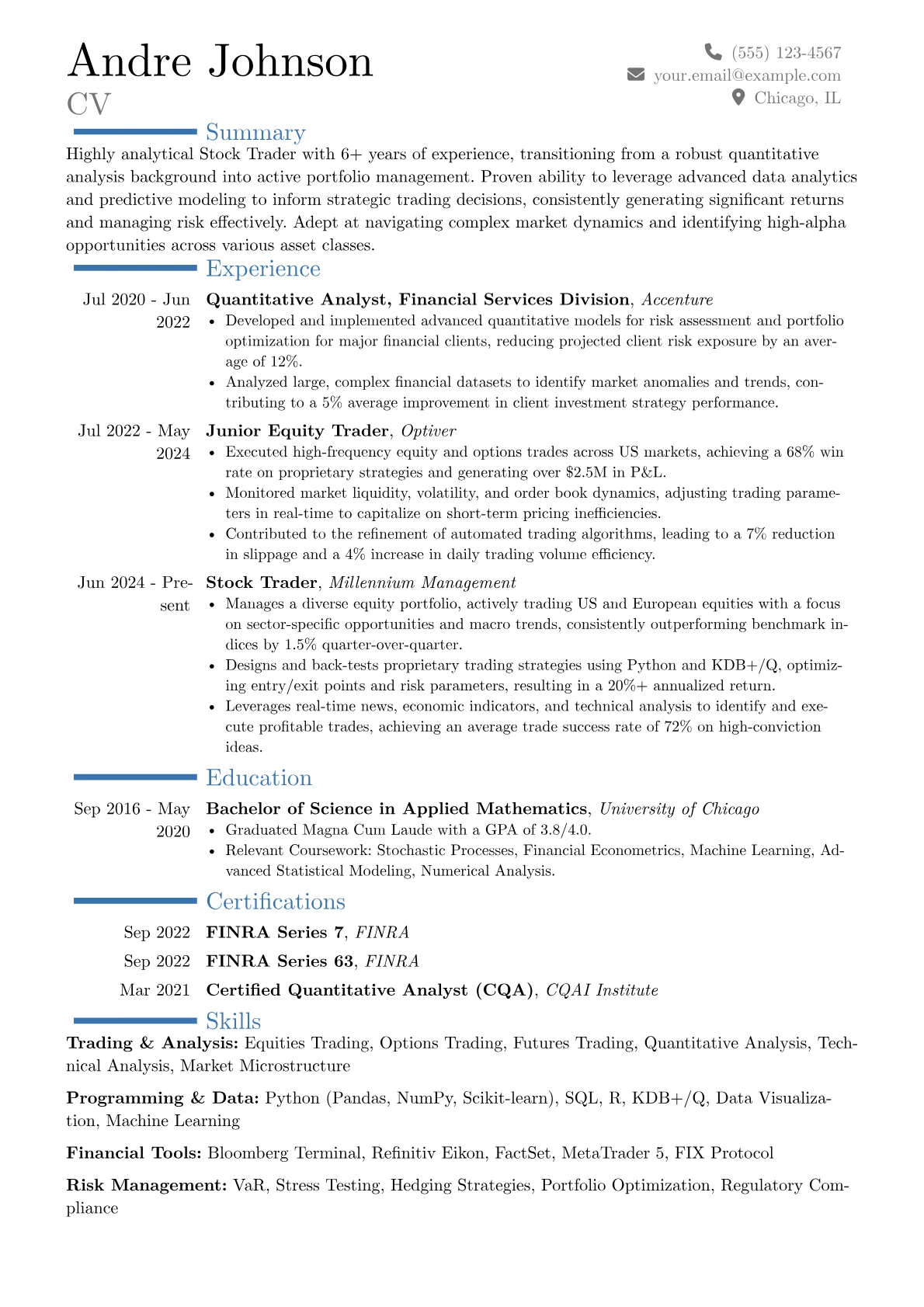 Stock Trader resume example, Career changer, page 1