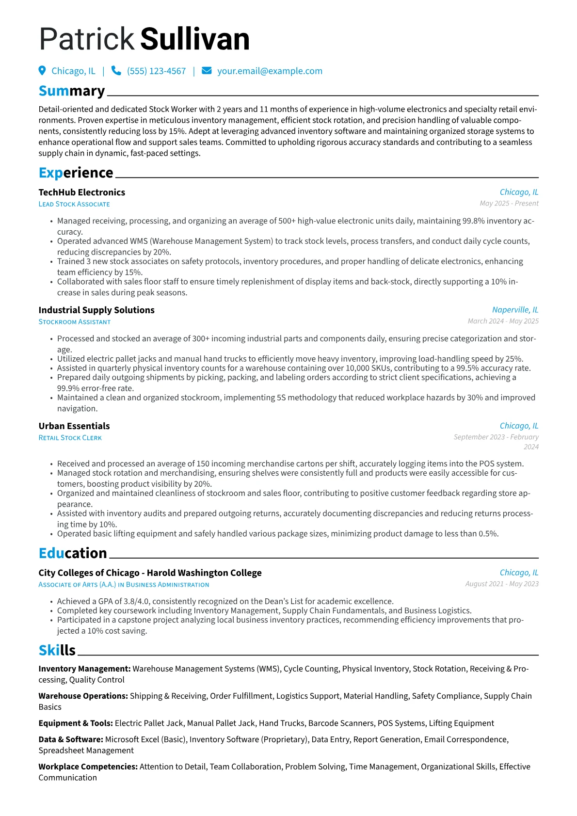 Stock Worker resume example, Stock Worker, page 1