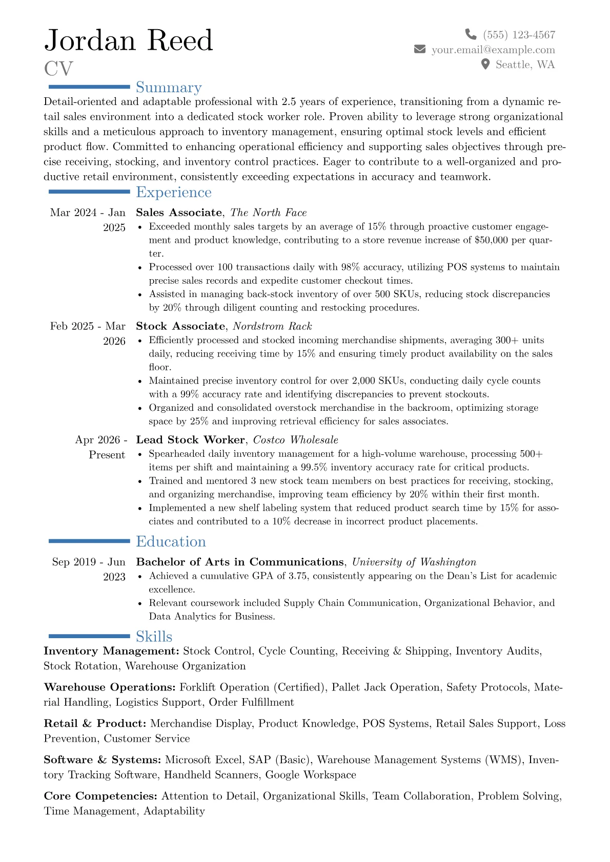 Stock Worker resume example, Career changer, page 1