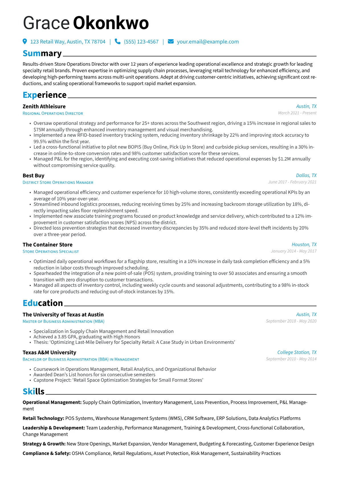 Store Operations Director resume example, Operational Management, page 1