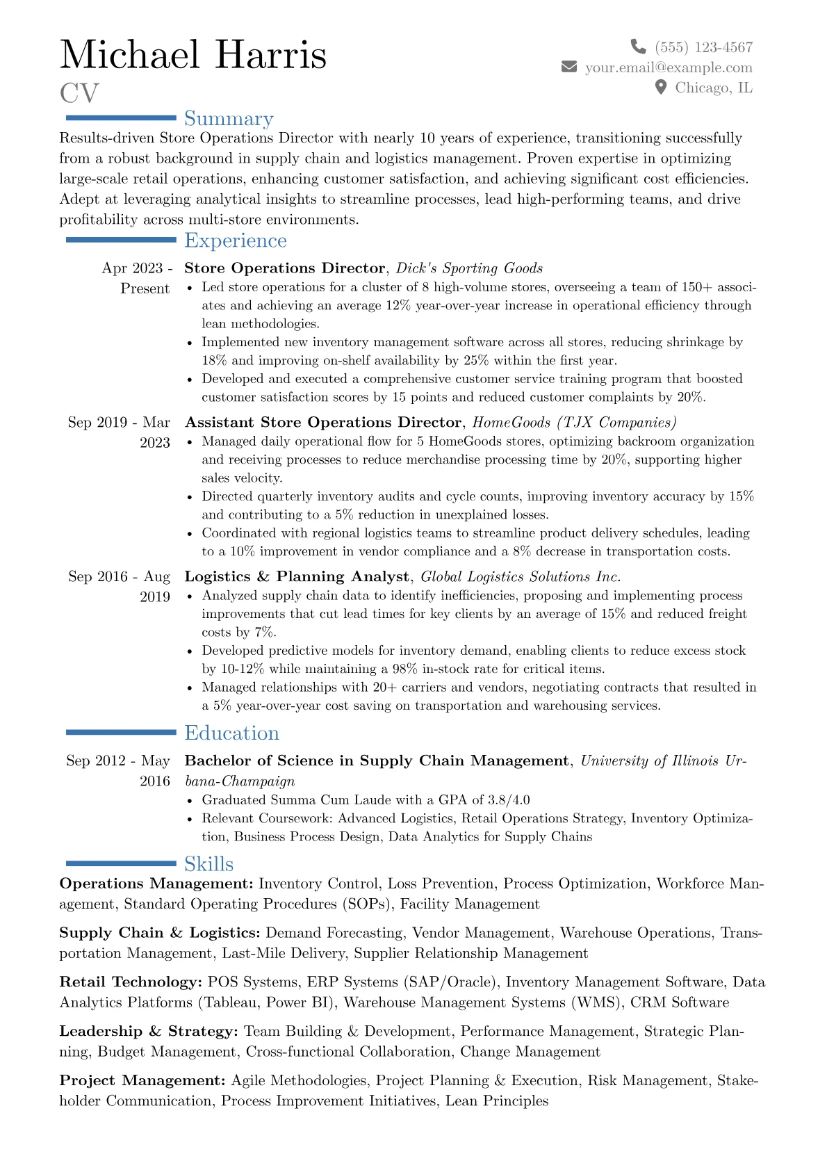 Store Operations Director resume example, Career changer, page 1