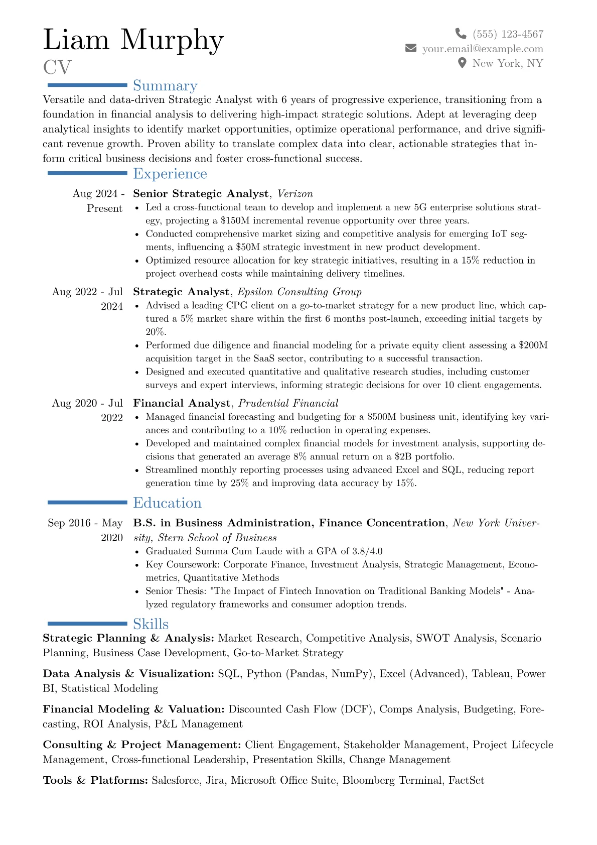 Strategic Analyst resume example, Career changer, page 1