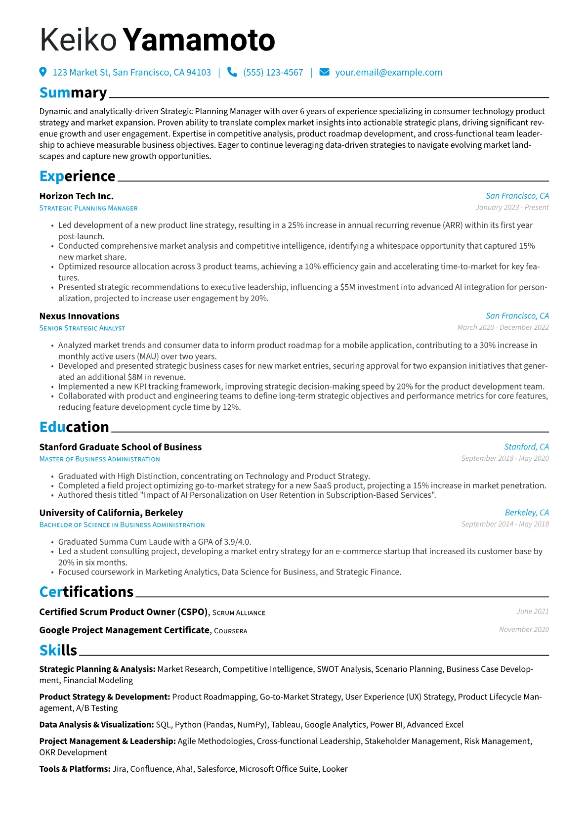 Strategic Planning Manager resume example, Strategic Planning, page 1