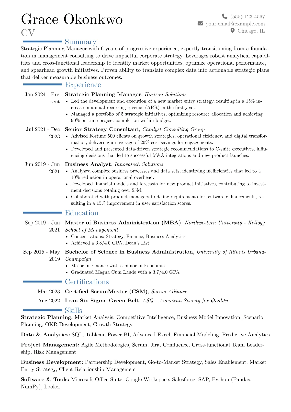 Strategic Planning Manager resume example, Career changer, page 1
