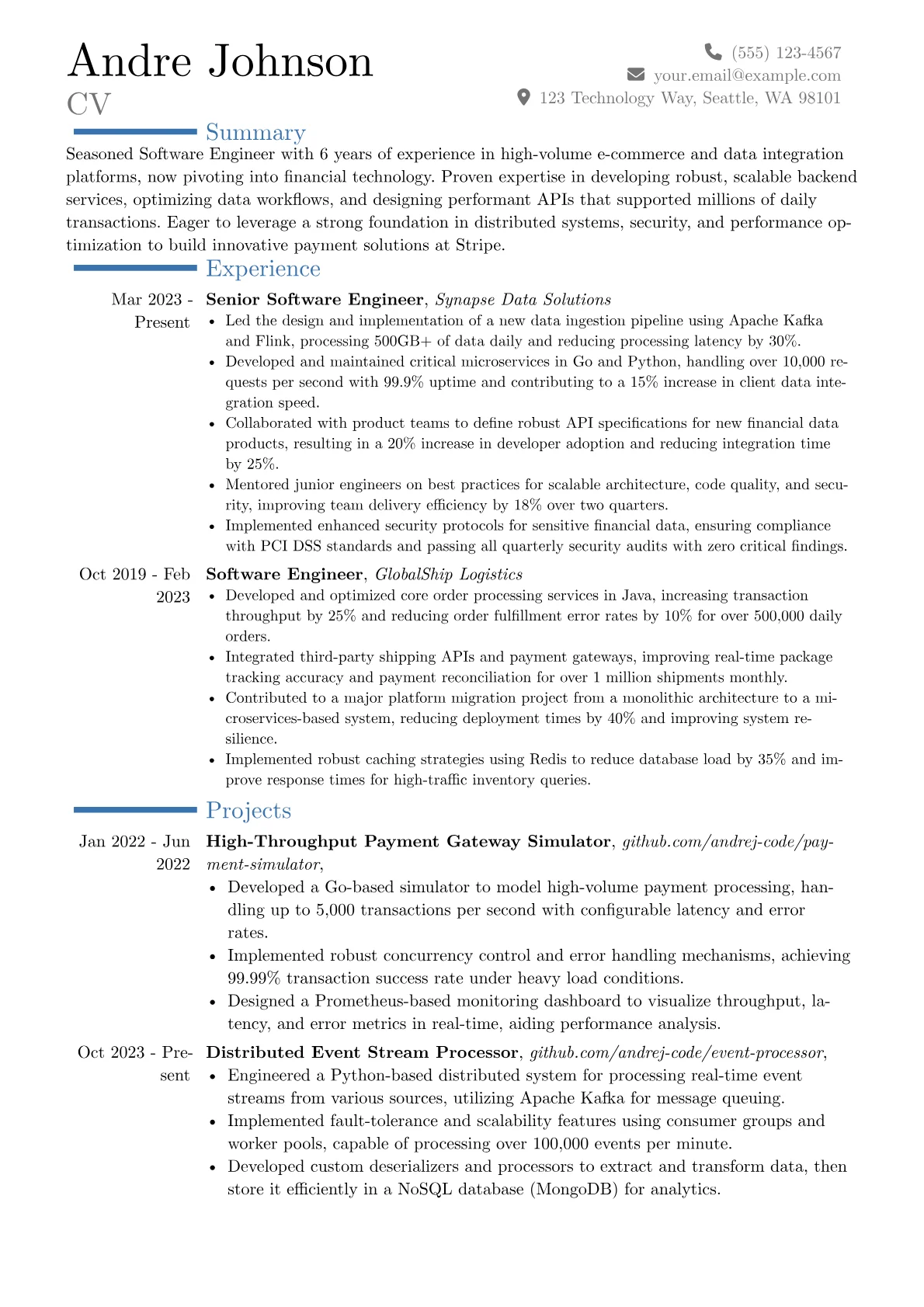Stripe resume example, Career changer, page 1