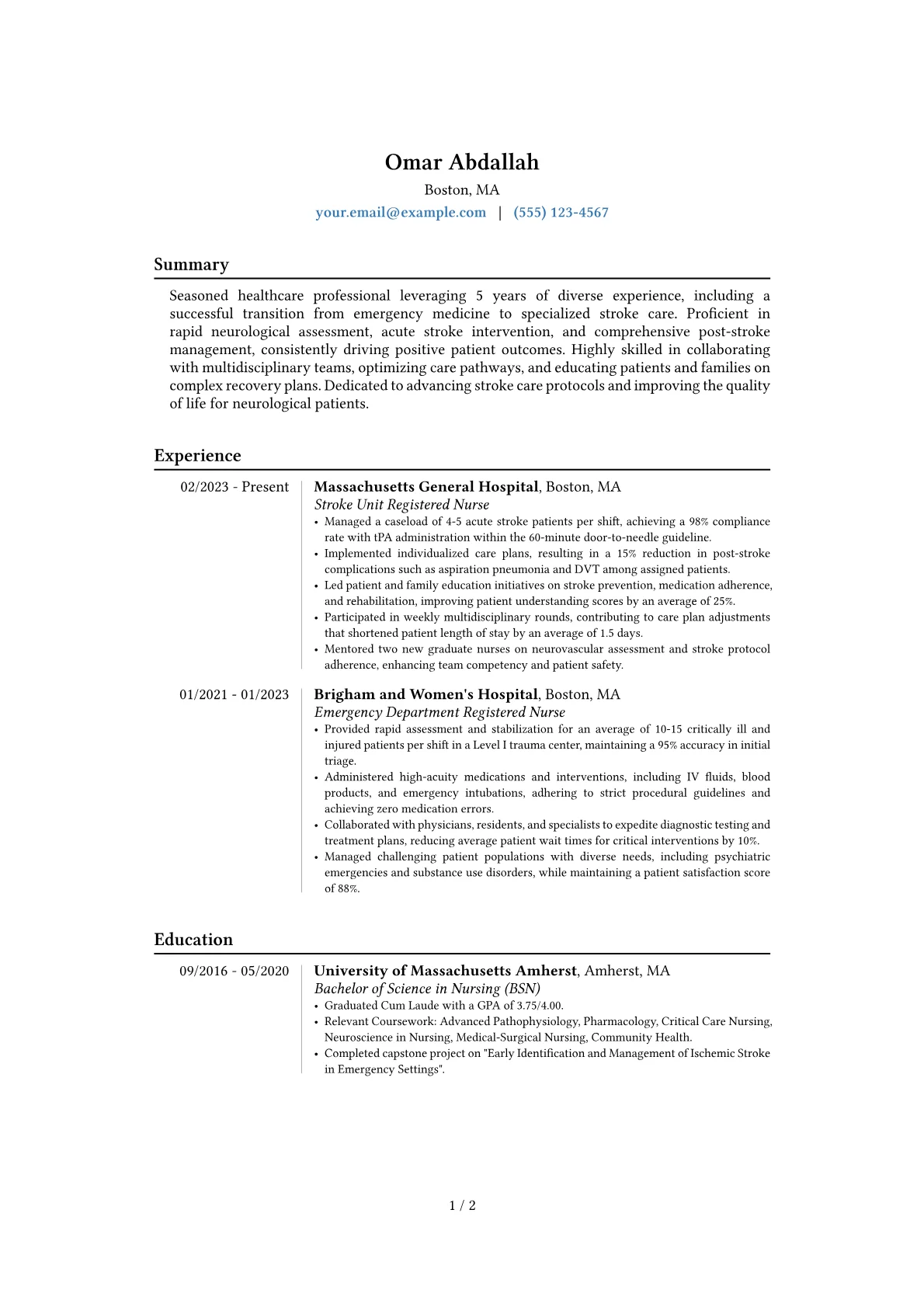 Stroke Nurse resume example, Career changer, page 1