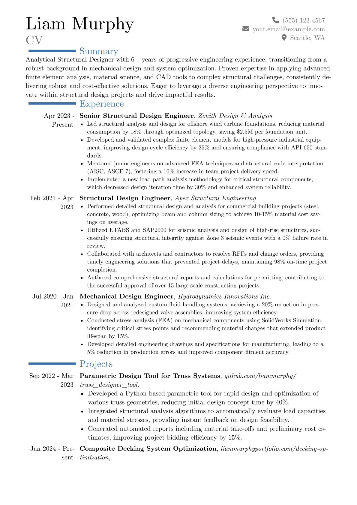 Structural Designer resume example, Career changer, page 1