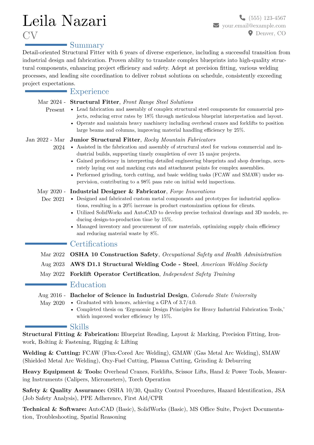 Structural Fitter resume example, Career changer, page 1