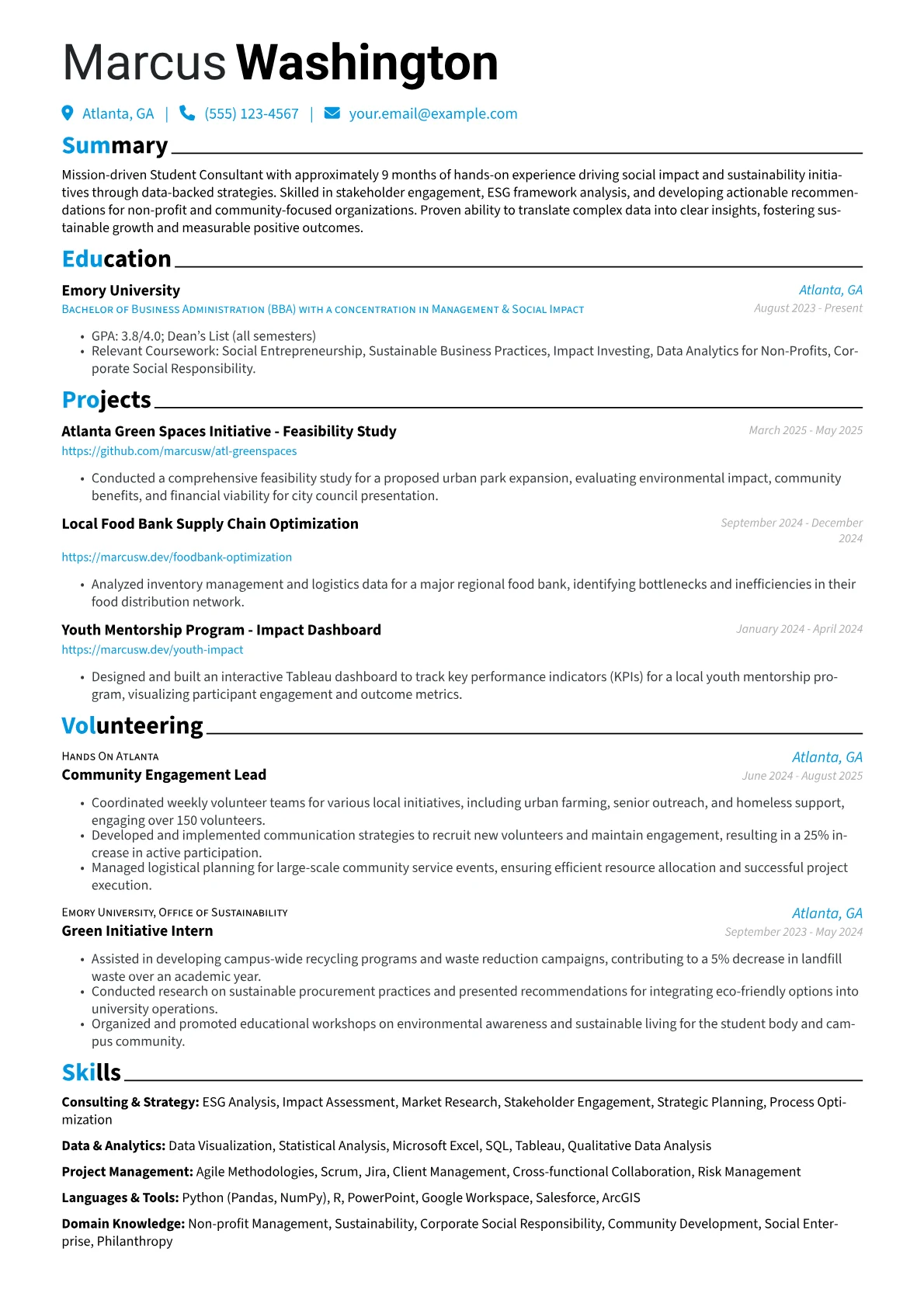 Student Consultant resume example, Social Impact Focus, page 1