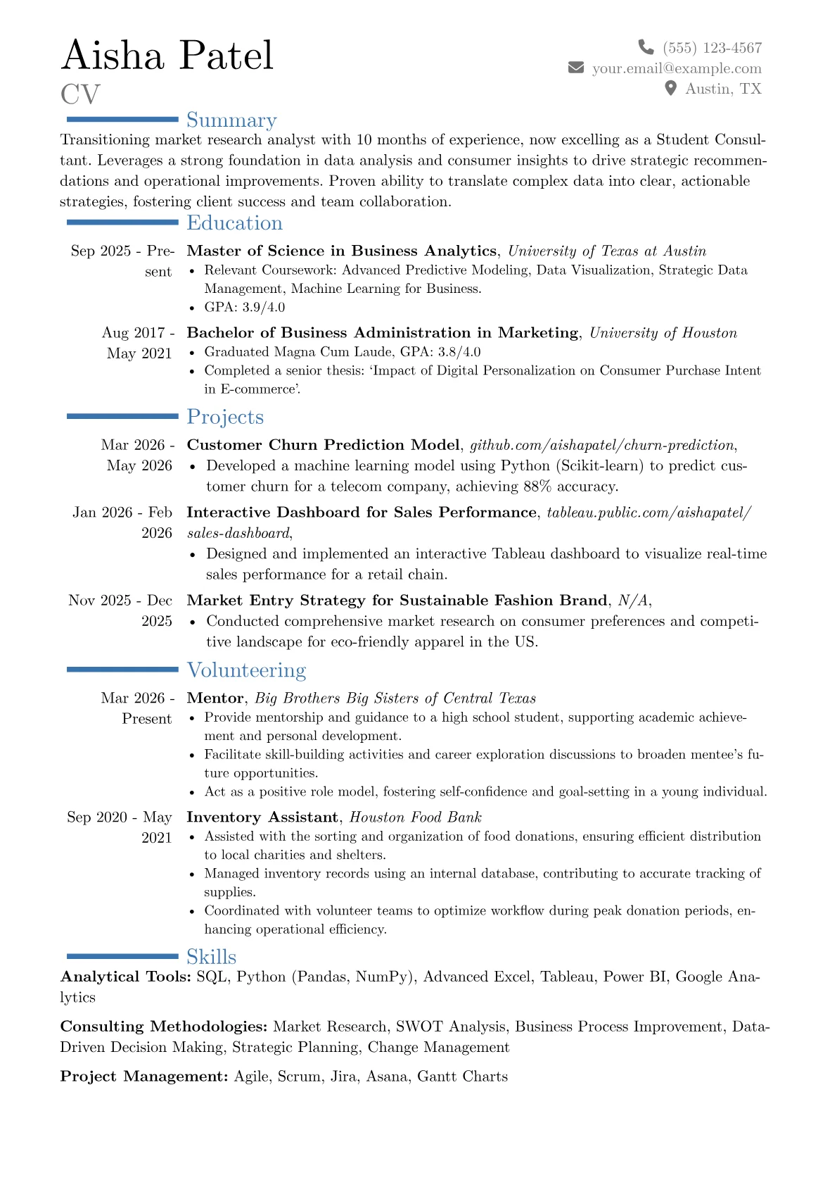 Student Consultant resume example, Career changer, page 1