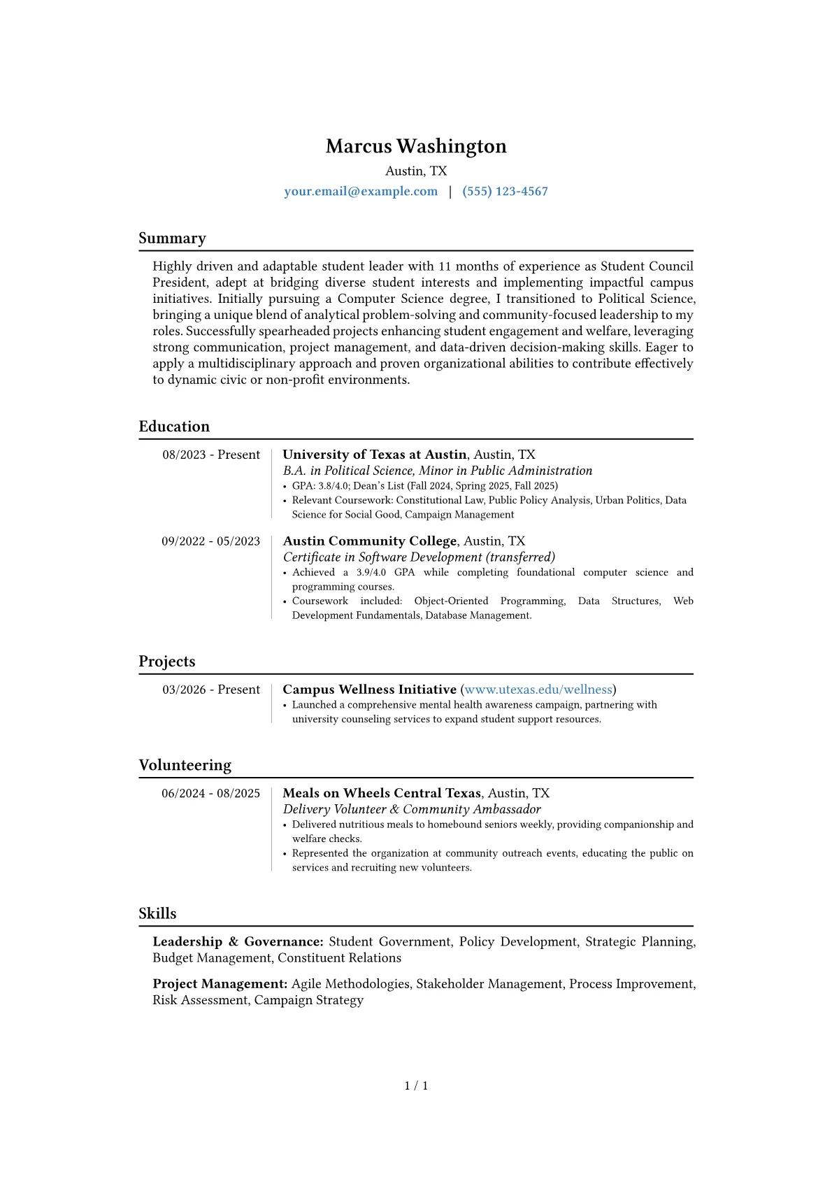 Student Council President resume example, Career changer, page 1