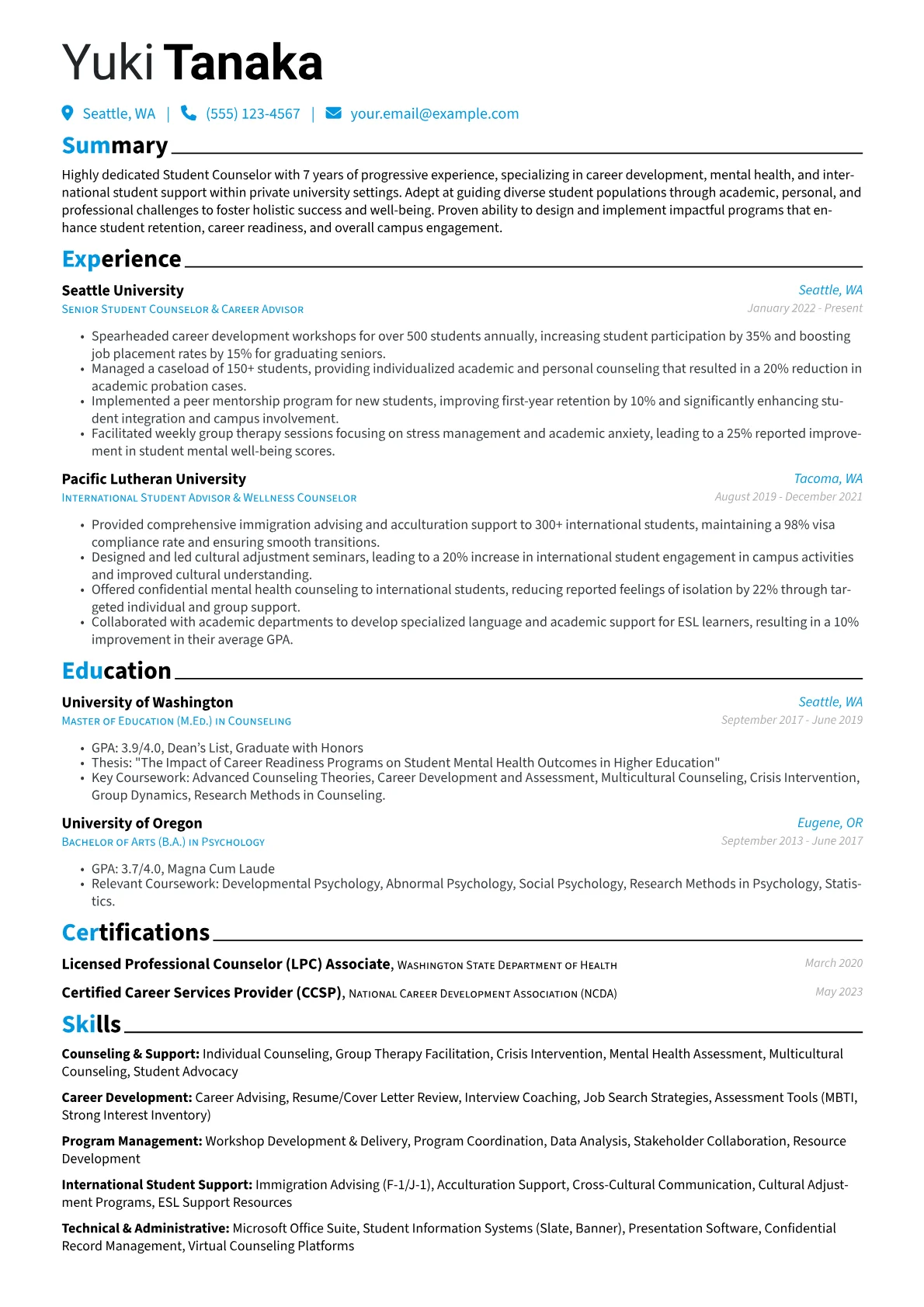 Student Counselor resume example, Counseling & Support, page 1