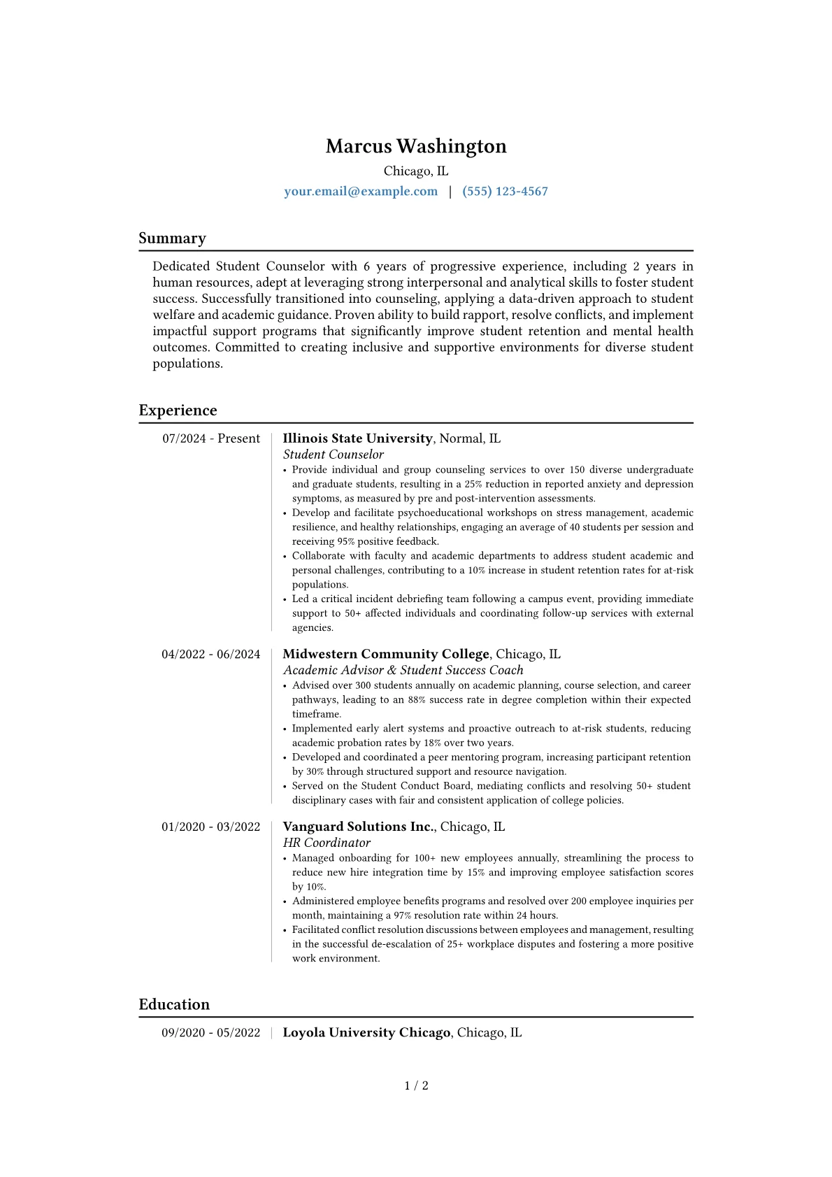 Student Counselor resume example, Career changer, page 1