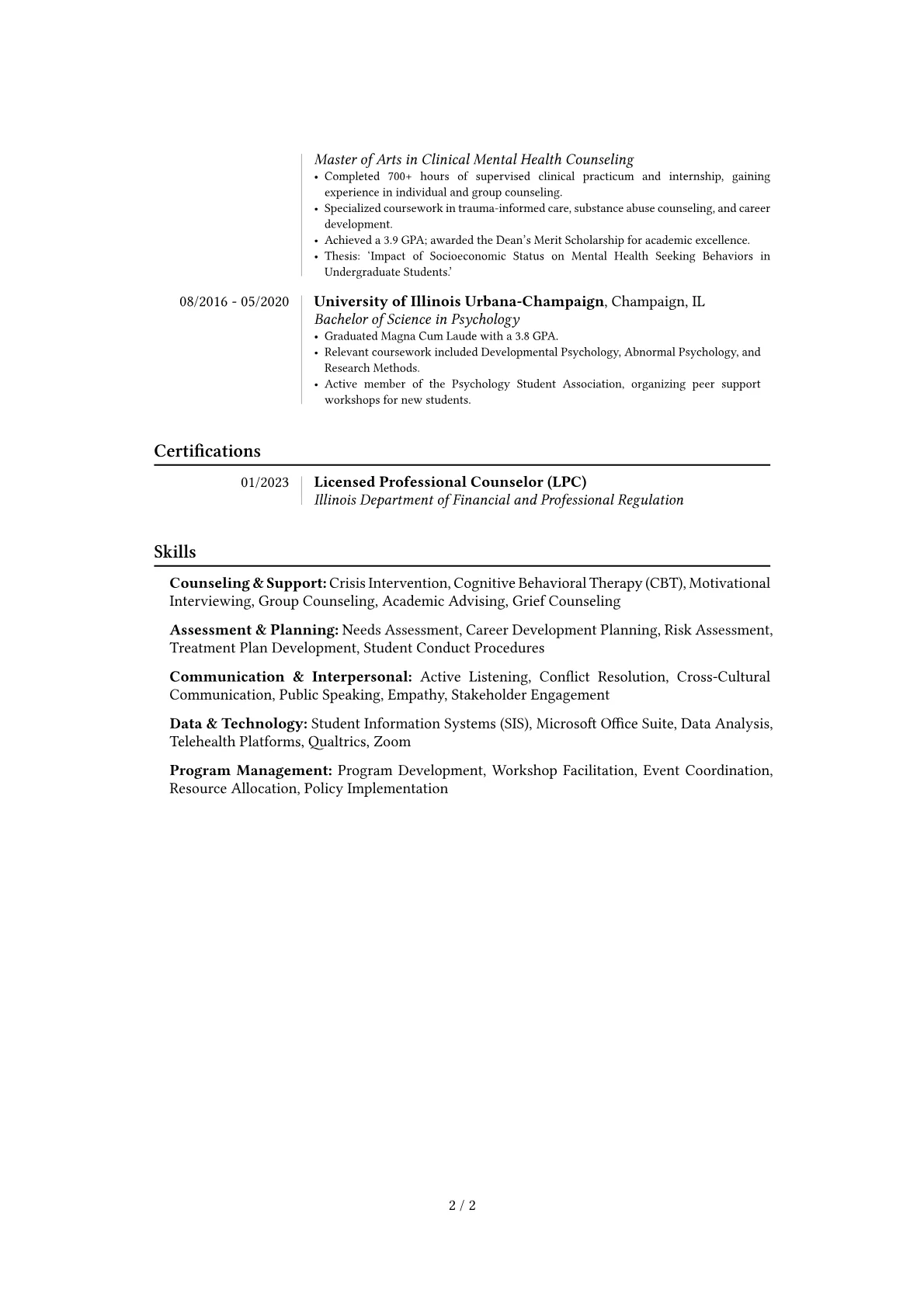 Student Counselor resume example, Career changer, page 2
