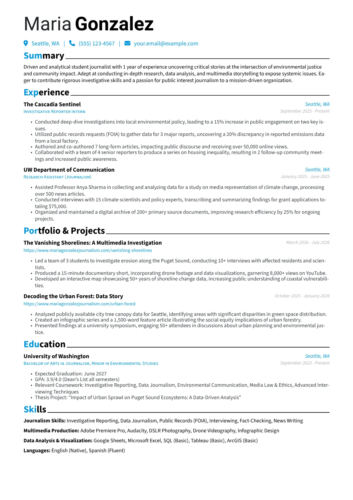 Student Journalist resume example, Investigative, page 1