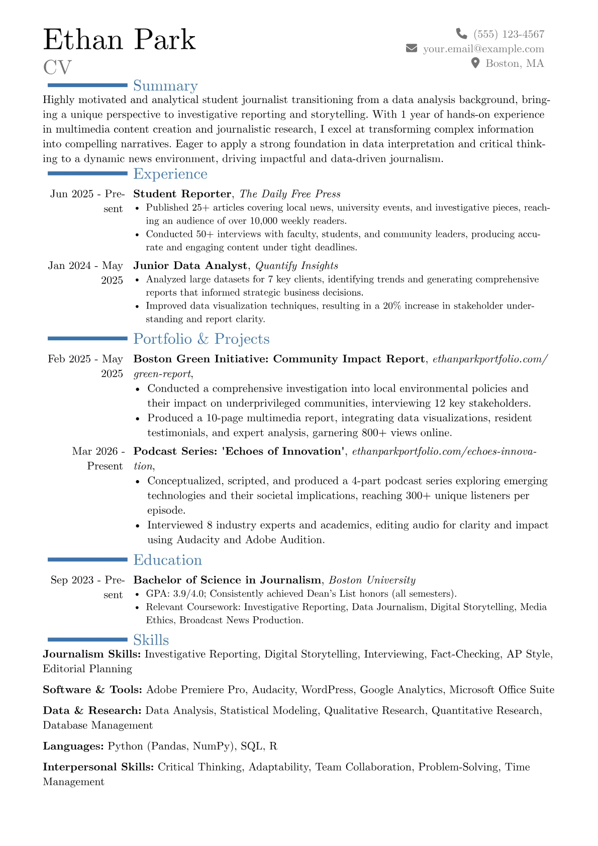 Student Journalist resume example, Career changer, page 1