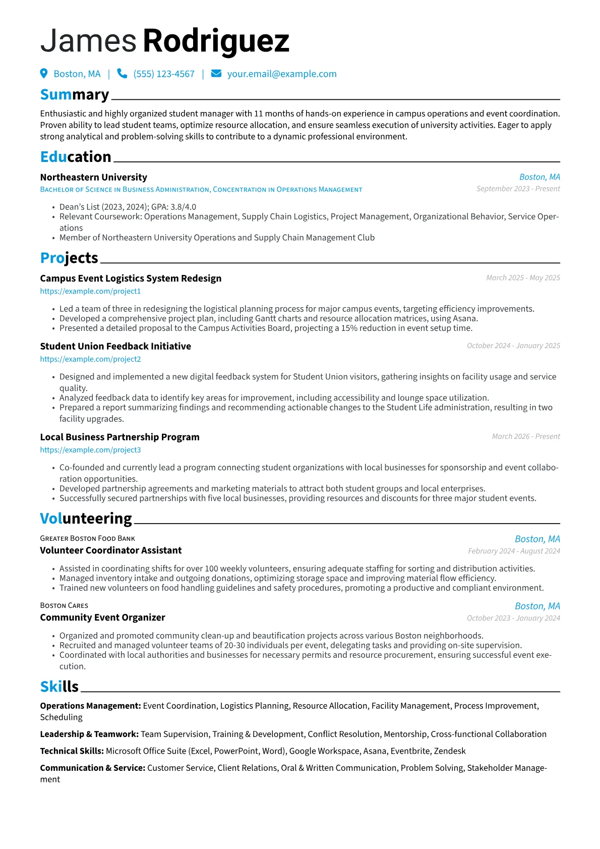 Student Manager resume example, Operations Management, page 1
