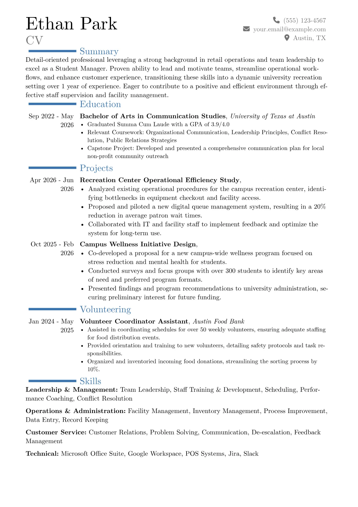 Student Manager resume example, Career changer, page 1