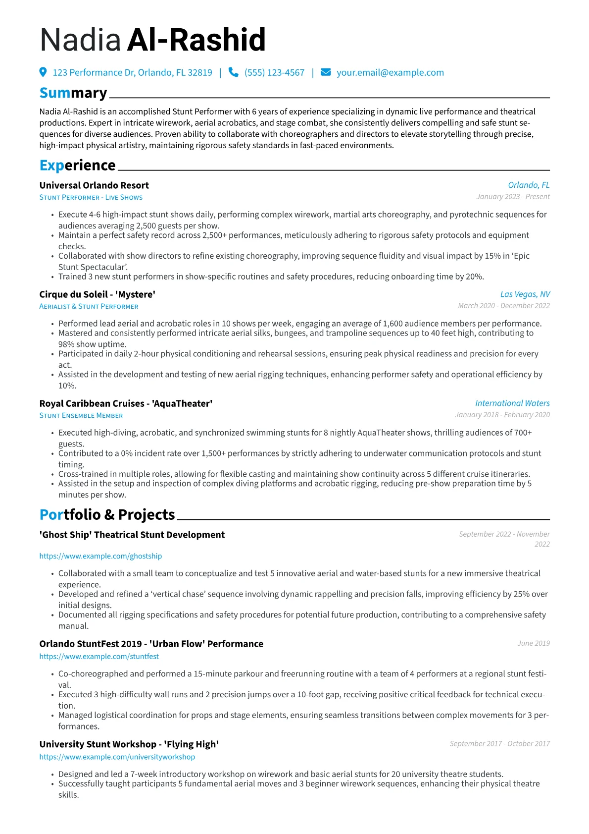 Stunt Performer resume example, Stunt Performer - Live, page 1