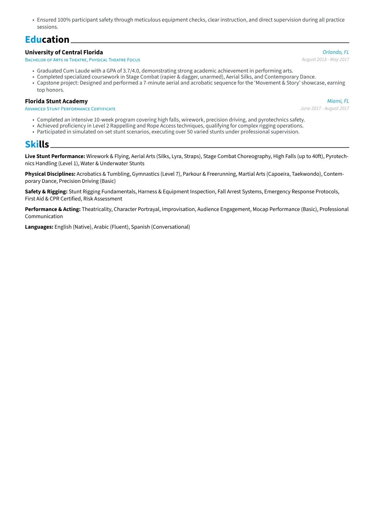 Stunt Performer resume example, Stunt Performer - Live, page 2