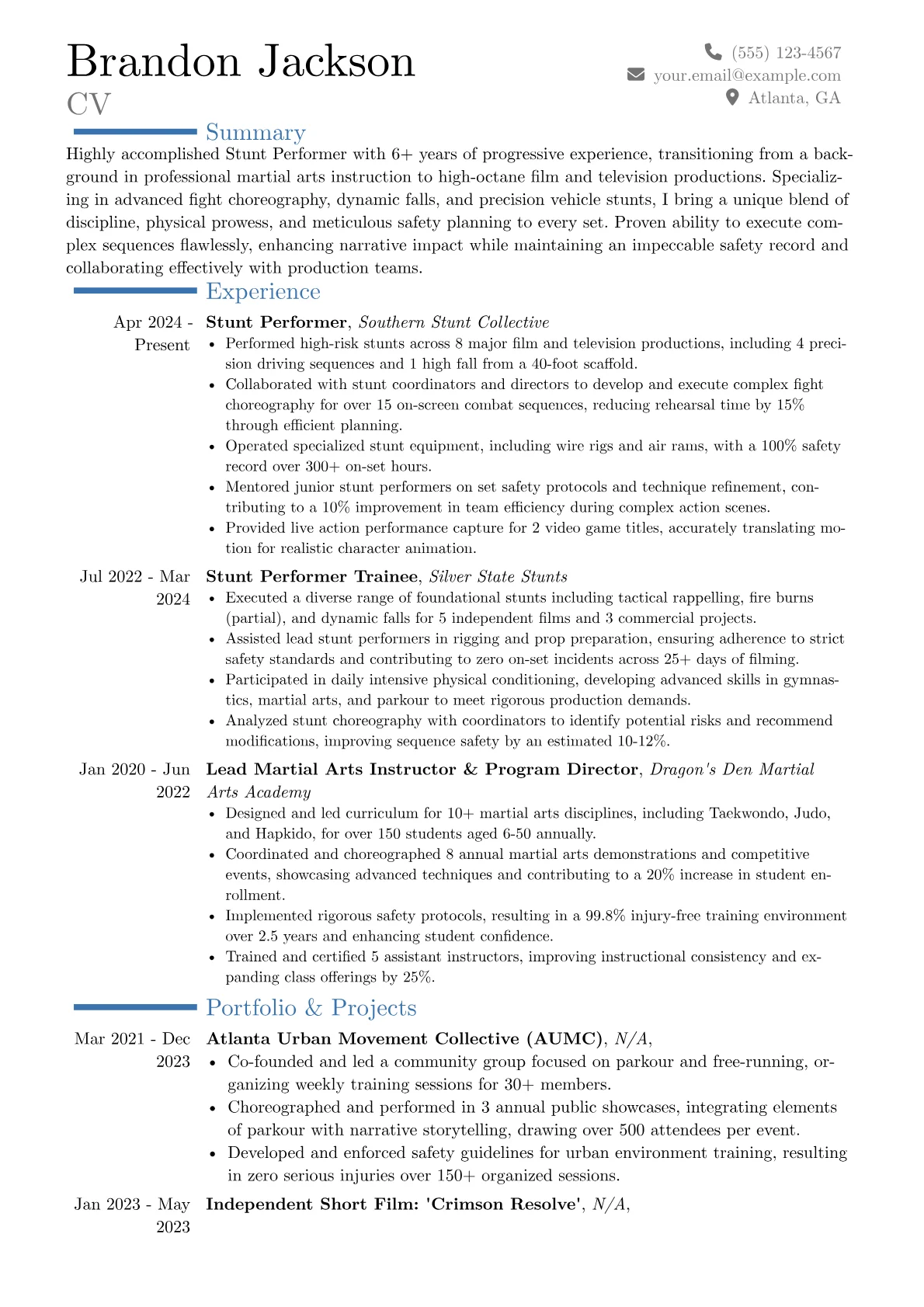 Stunt Performer resume example, Career changer, page 1