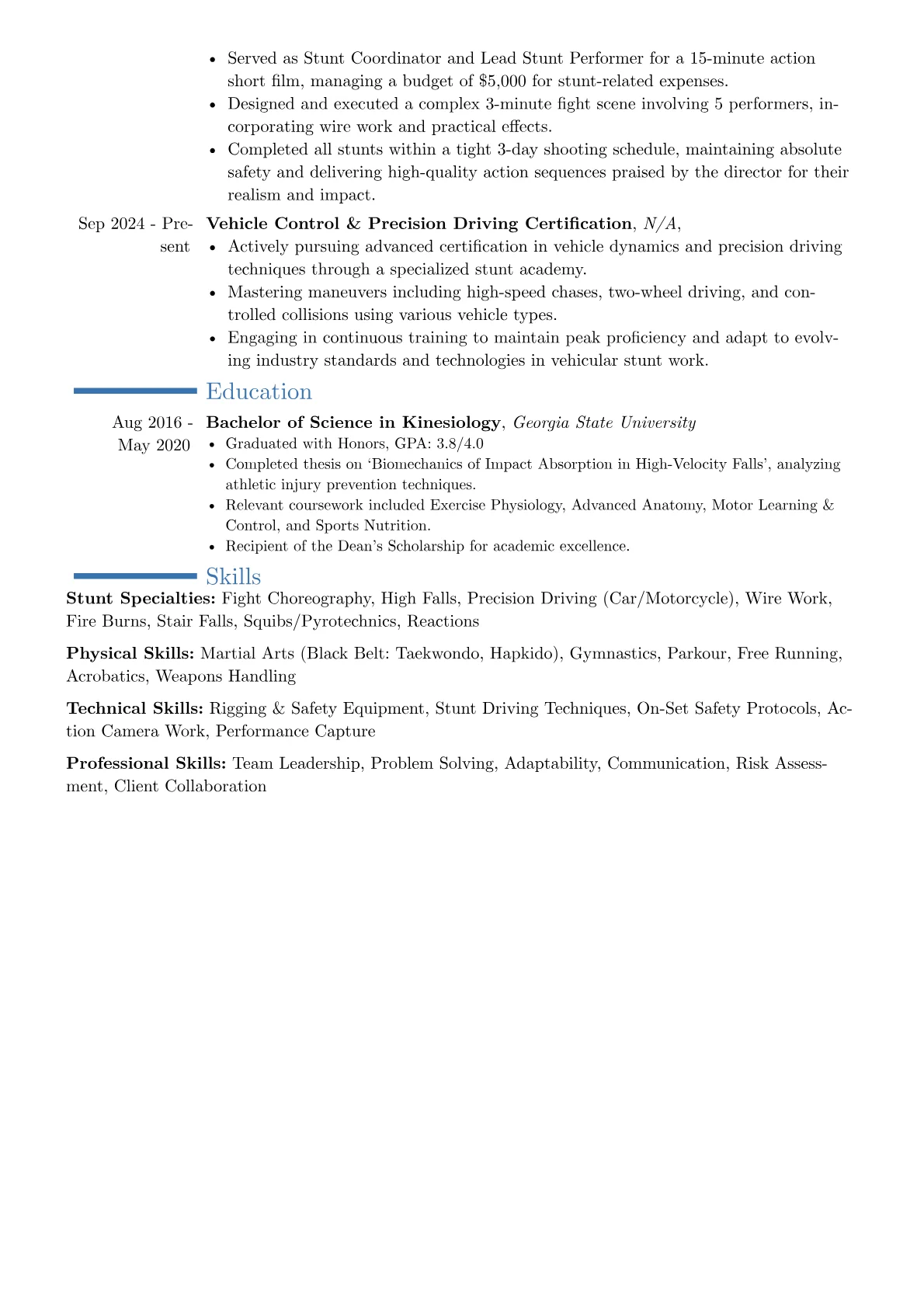 Stunt Performer resume example, Career changer, page 2