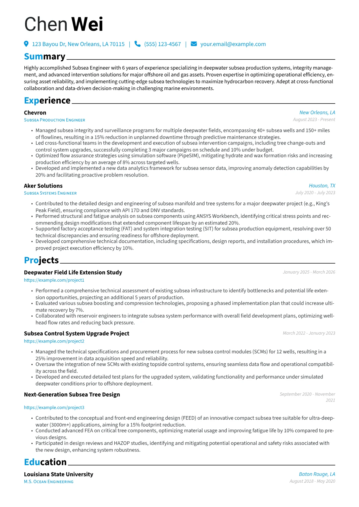 Subsea Engineer resume example, Subsea Systems, page 1