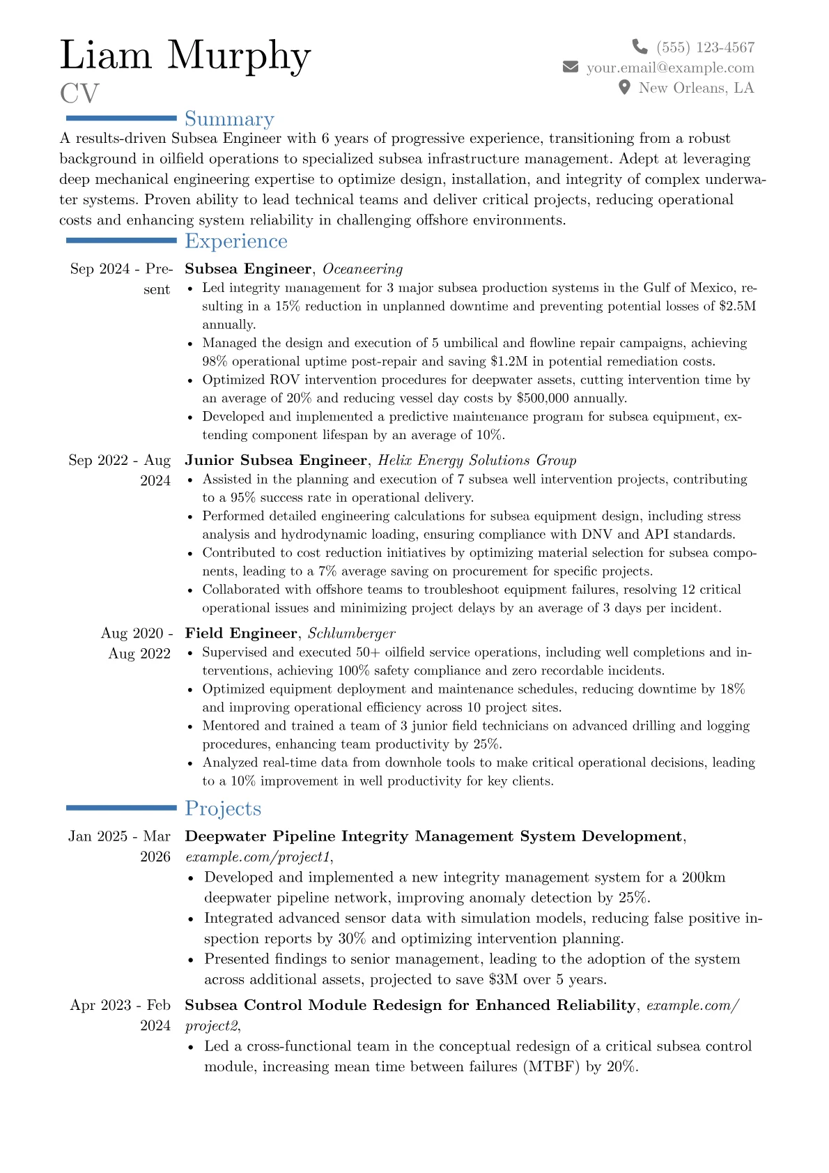 Subsea Engineer resume example, Career changer, page 1