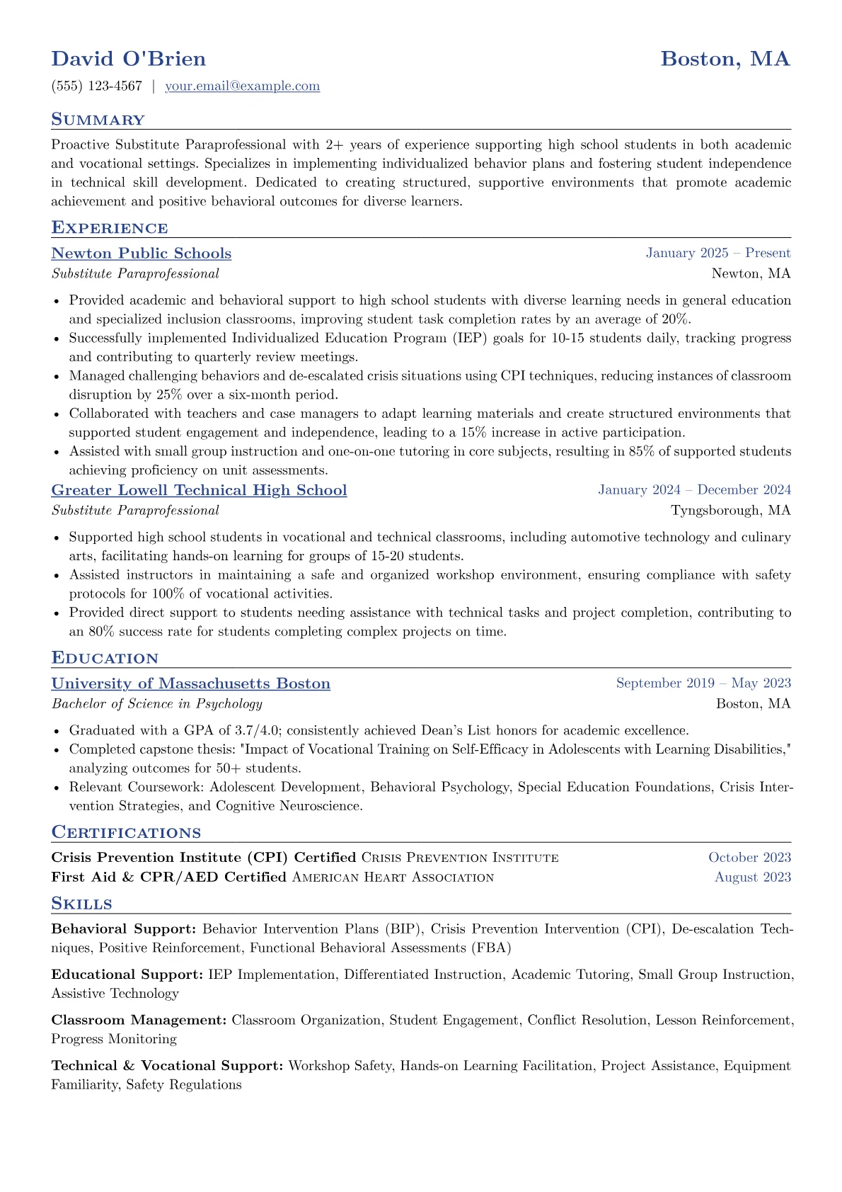 Substitute Paraprofessional resume example, High School/Vocational, page 1