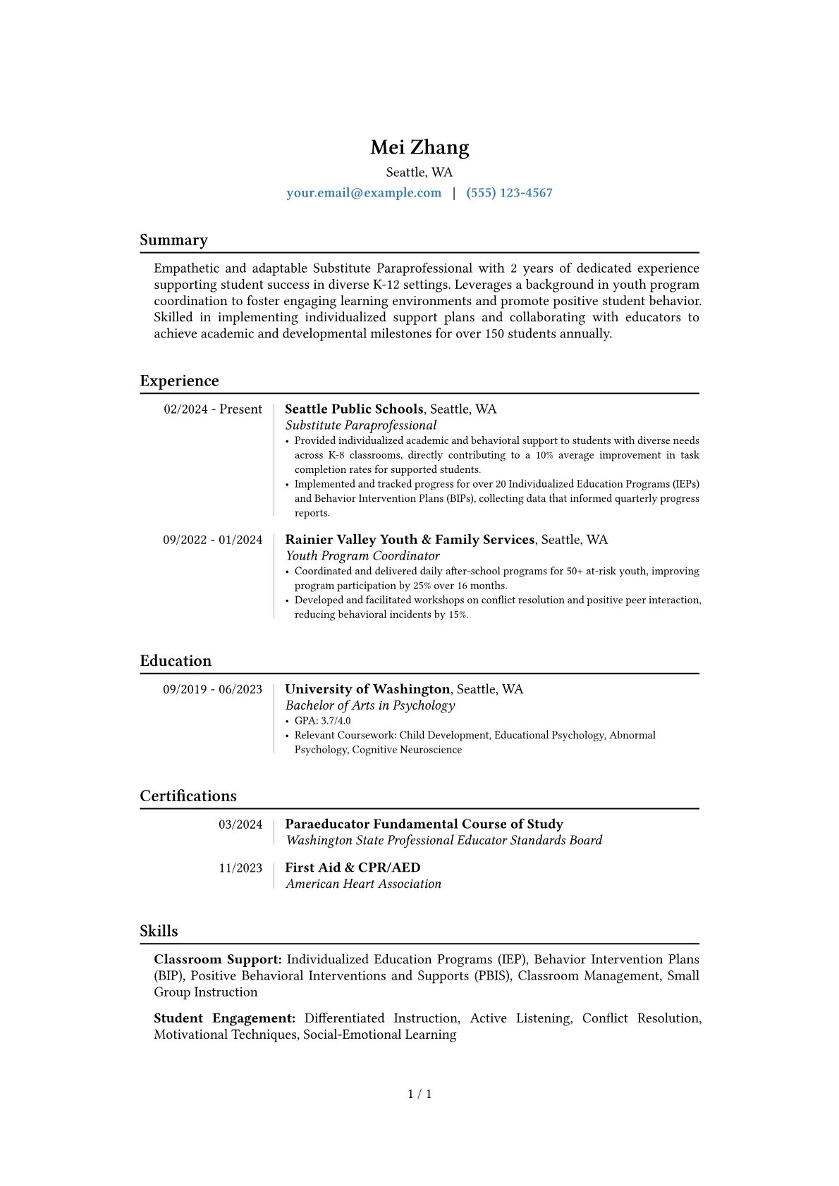 Substitute Paraprofessional resume example, Career changer, page 1