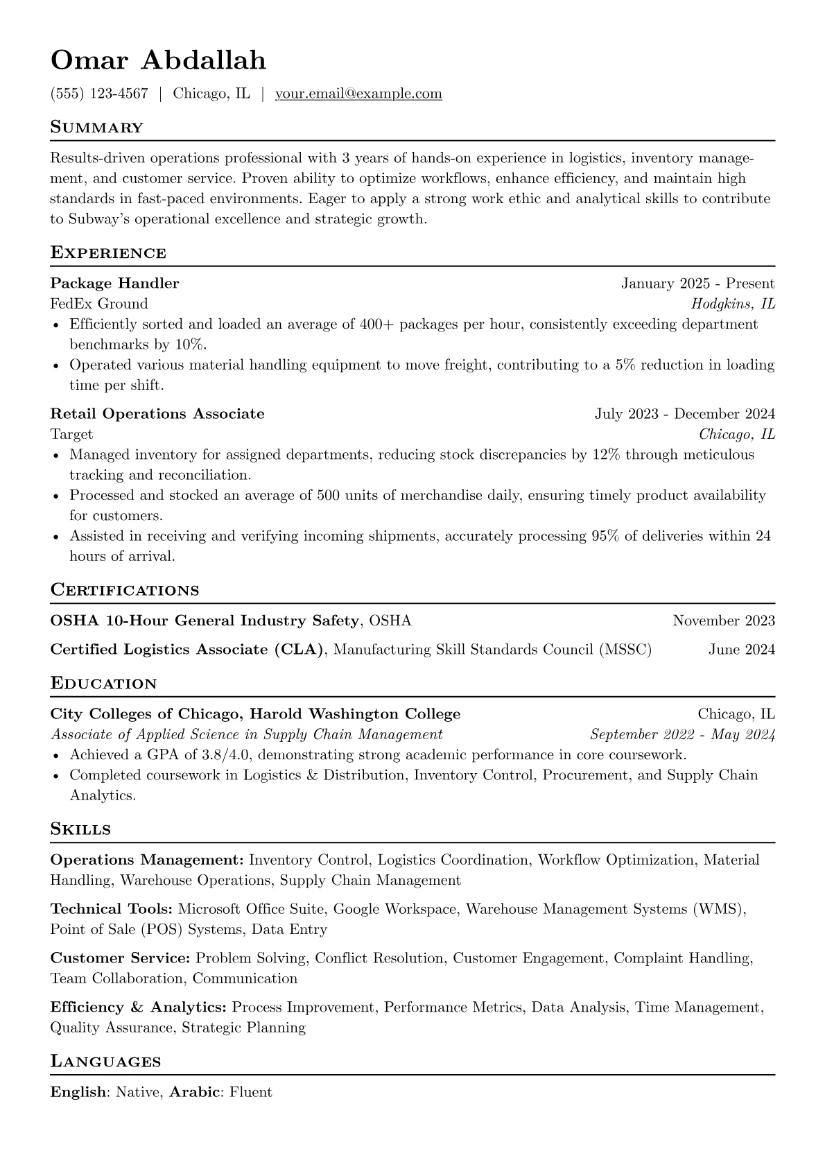 Subway resume example, Operations Support, page 1