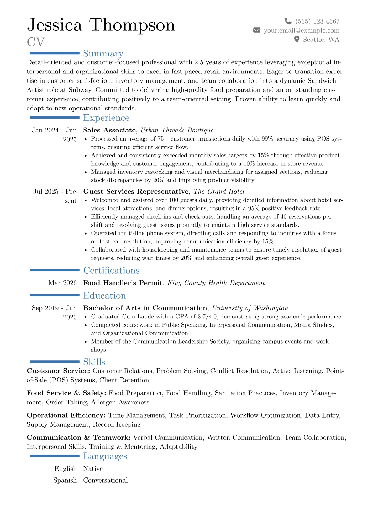 Subway resume example, Career changer, page 1