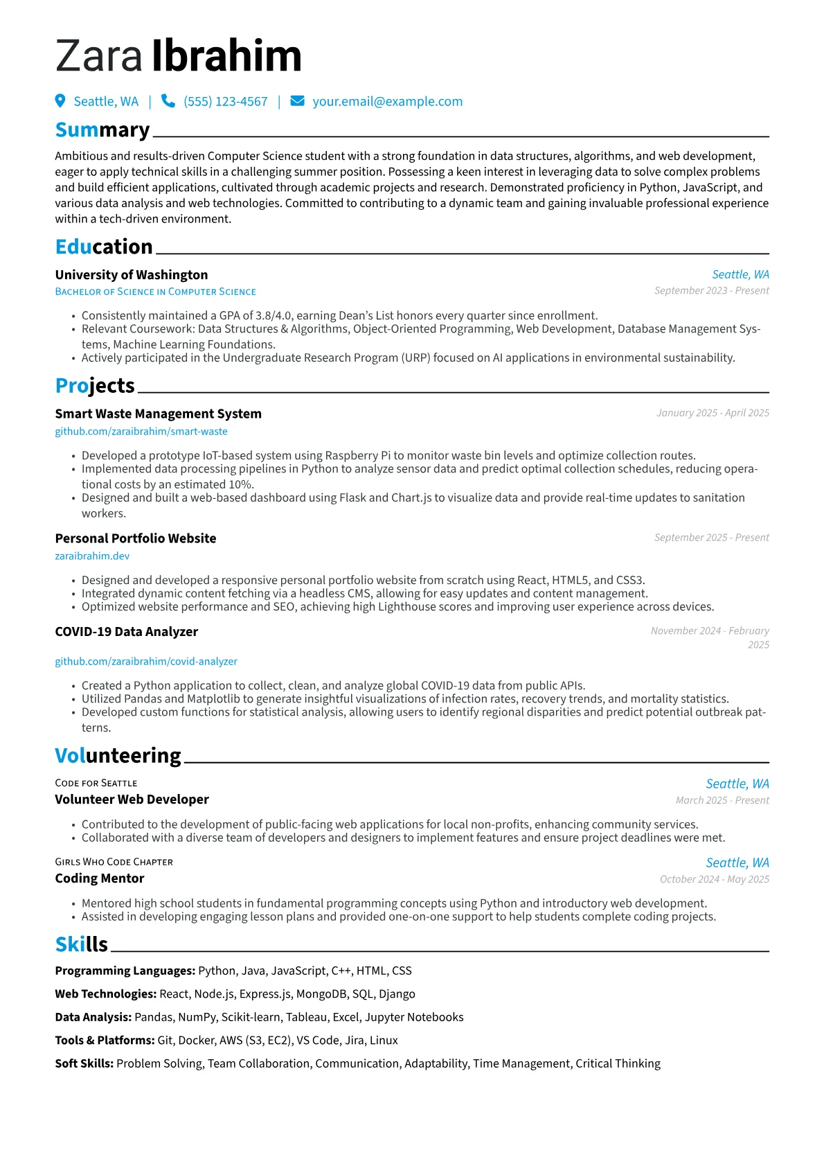Summer Job resume example, Summer Job, page 1