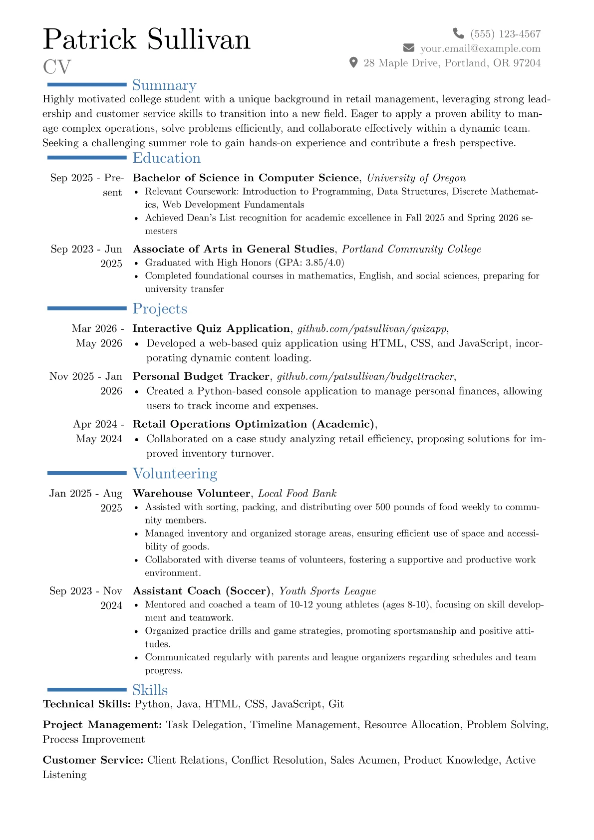 Summer Job resume example, Career changer, page 1