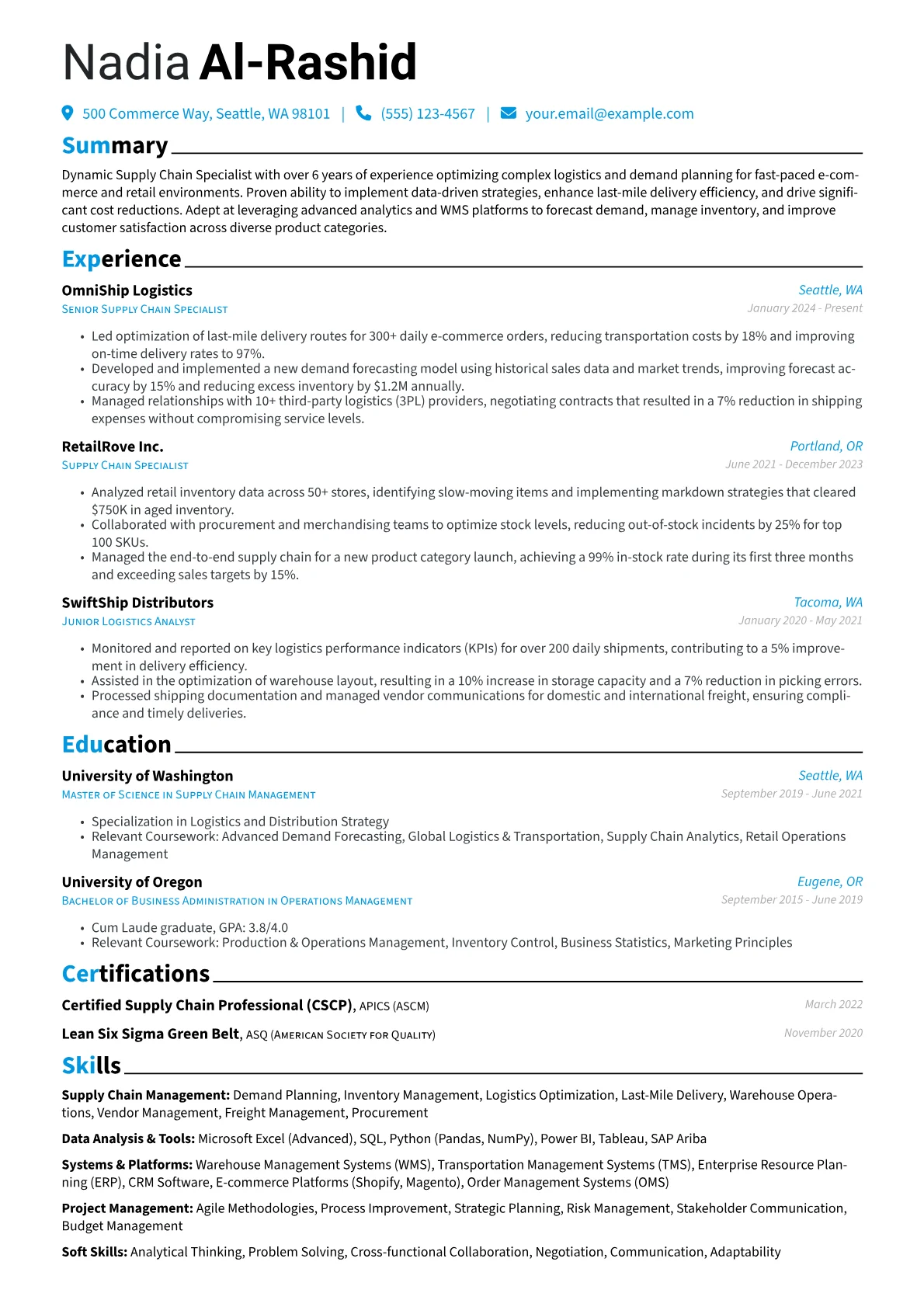 Supply Chain Specialist resume example, Supply Chain Management, page 1
