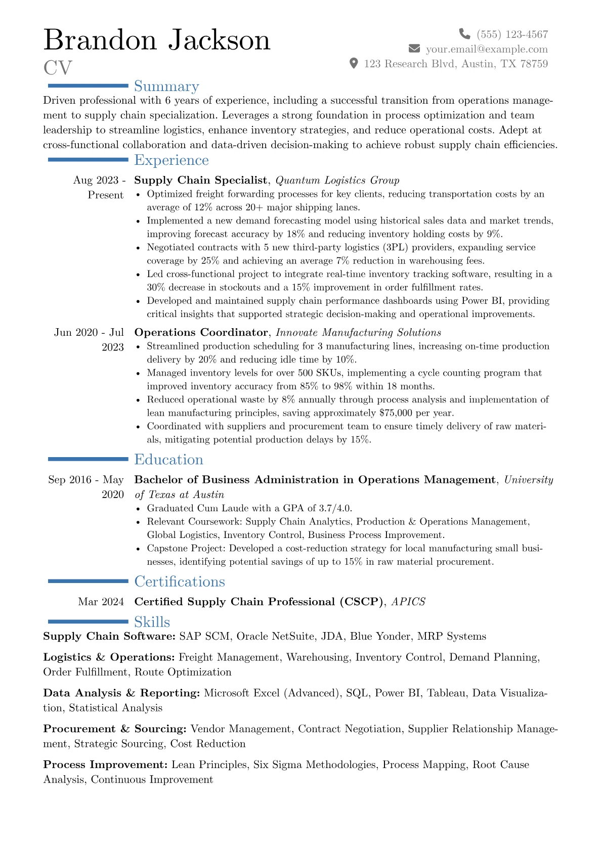 Supply Chain Specialist resume example, Career changer, page 1