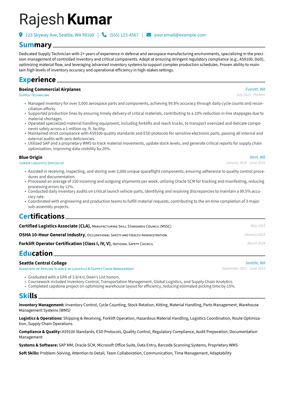 Supply Technician resume example, Supply Technician, page 1